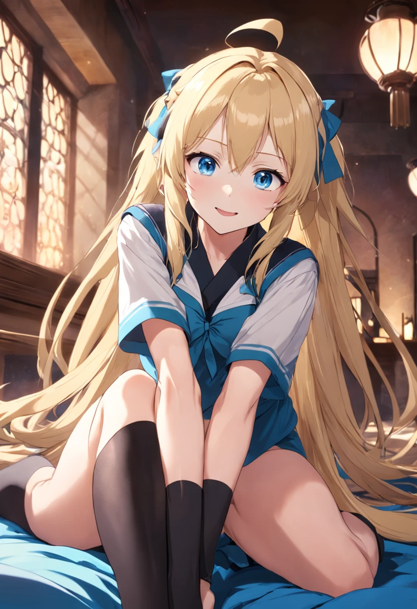 blonde with blue eyes,Lazy expression,JK Campus,black lence stockings,Charming smile,Tall and tall,Beautiful breasts