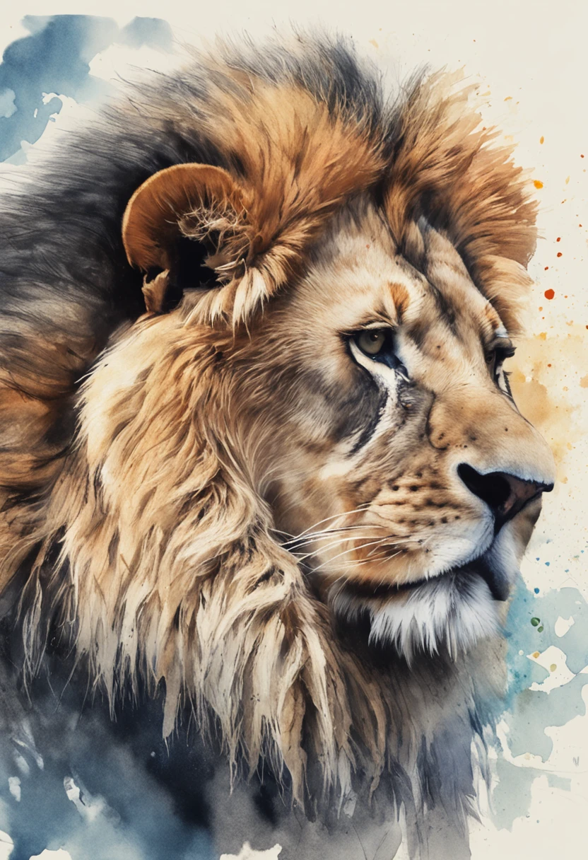 Highly detailed watercolor,an advertising poster,Lifelike lions,Fine hair details,Natural light,Brush Strokes,Watercolor splash。