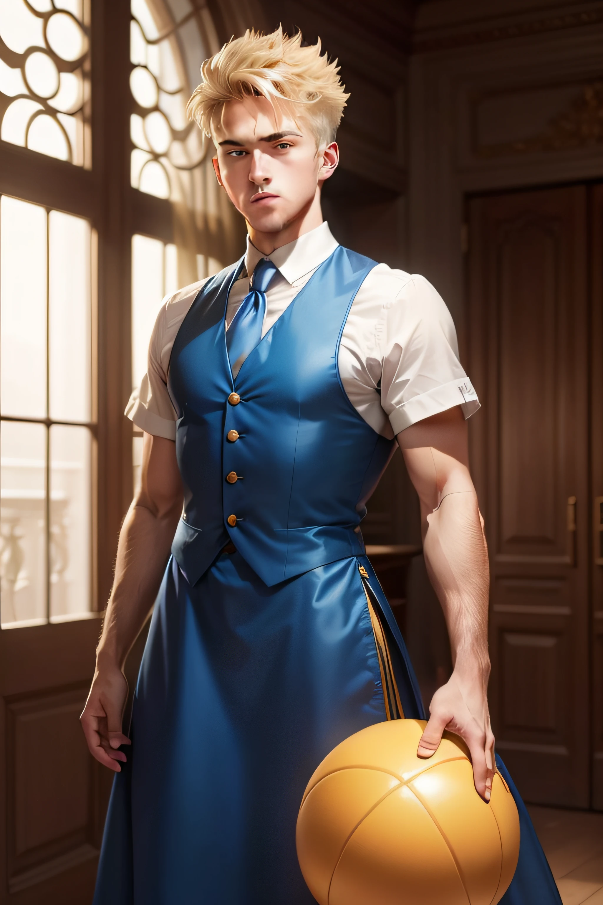a blond-haired, ball-bearded young man in a blue dress