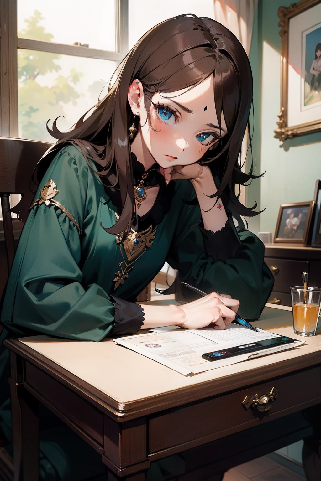 tmasterpiece,Need,The best beautiful girl,Intellectual,mature,Extremely beautiful,World Masterpiece Theatre,super-fine,Need,Need,brunette color hair,A high resolution,Need,1girll,Need,illustratio,looking at viewert,Small tattoos on the hands,Uninhibited,sobu,desks,iPad,canvas, oil painted, Photorealsitic, Realist,Real,
