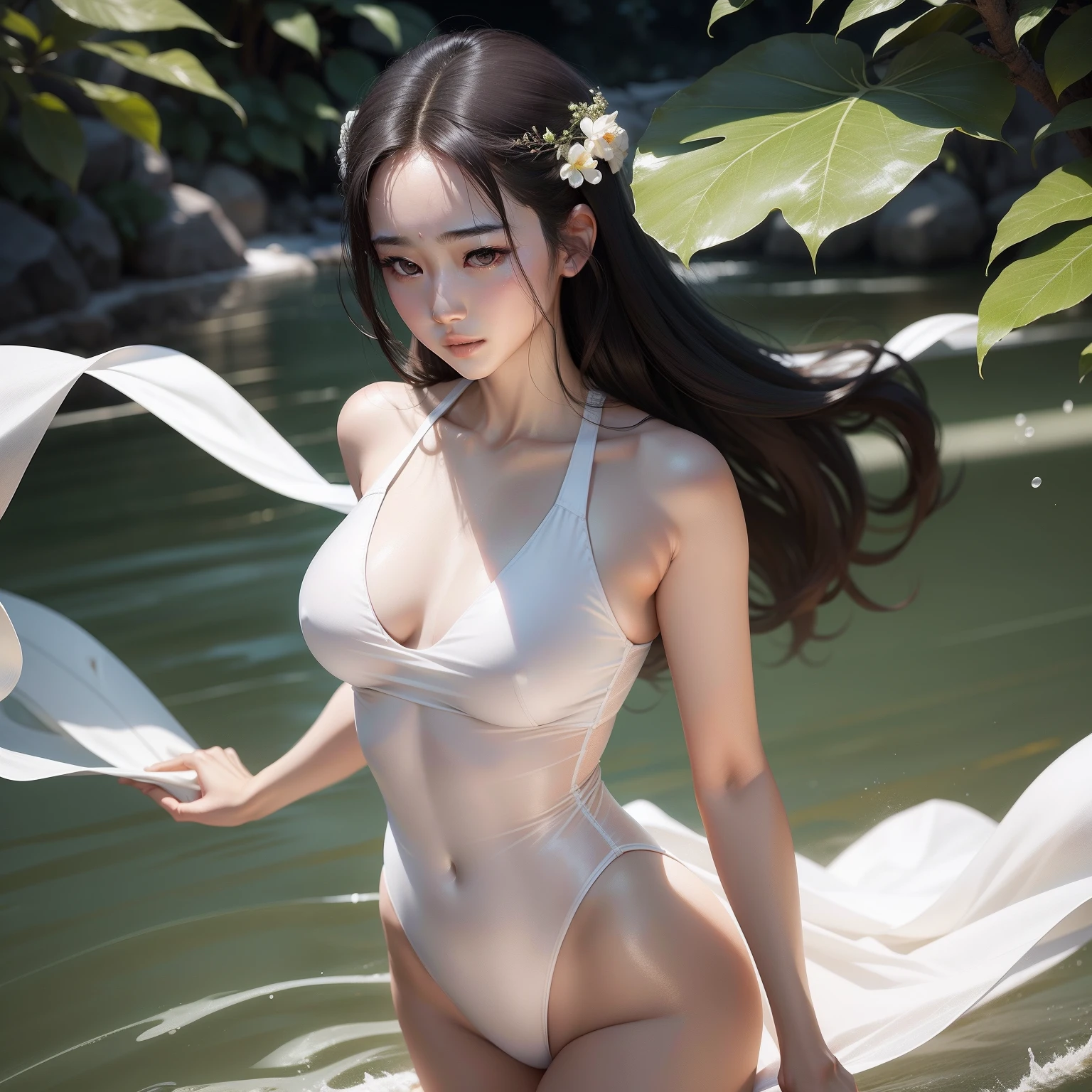 Liu Yifei,(White cut top:1.2),Bigchest,White transparent swimsuit,super-fine,ultrasharp,Long russet hair, ( 1.5) , 0 EOS delicate skin,paleskin,Live action,