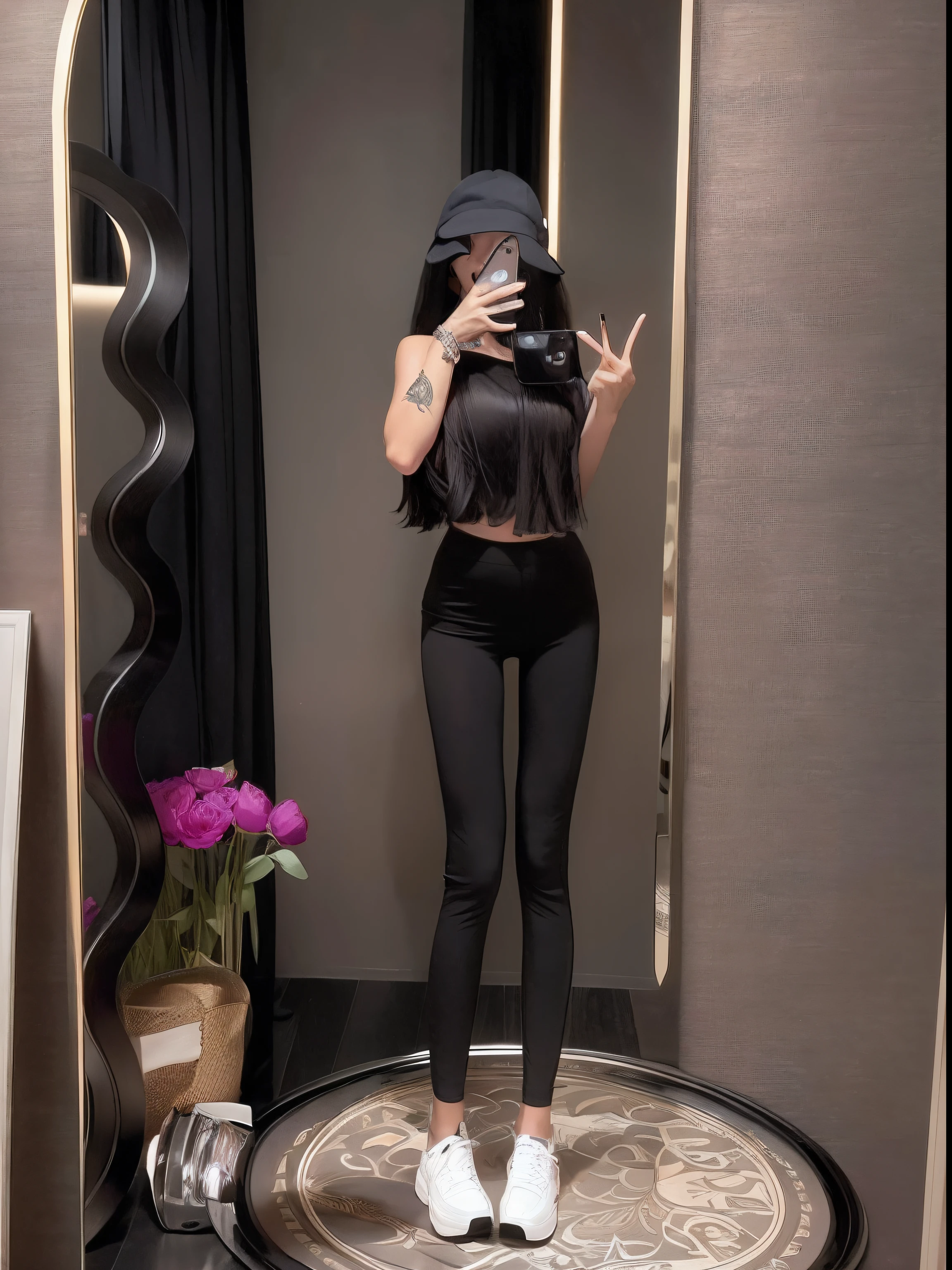 there is a woman that is taking a selfie in a mirror, photo of slim girl, wearing tight simple clothes, skinny waist and thick hips, photo of slim girl model, big breasts thin waist, Wearing black-gray tight clothing, Full body picture, Thin waist, Slender waist, Leggings, slender symmetrical body, full extremely slim body, tight costume, Casual clothes