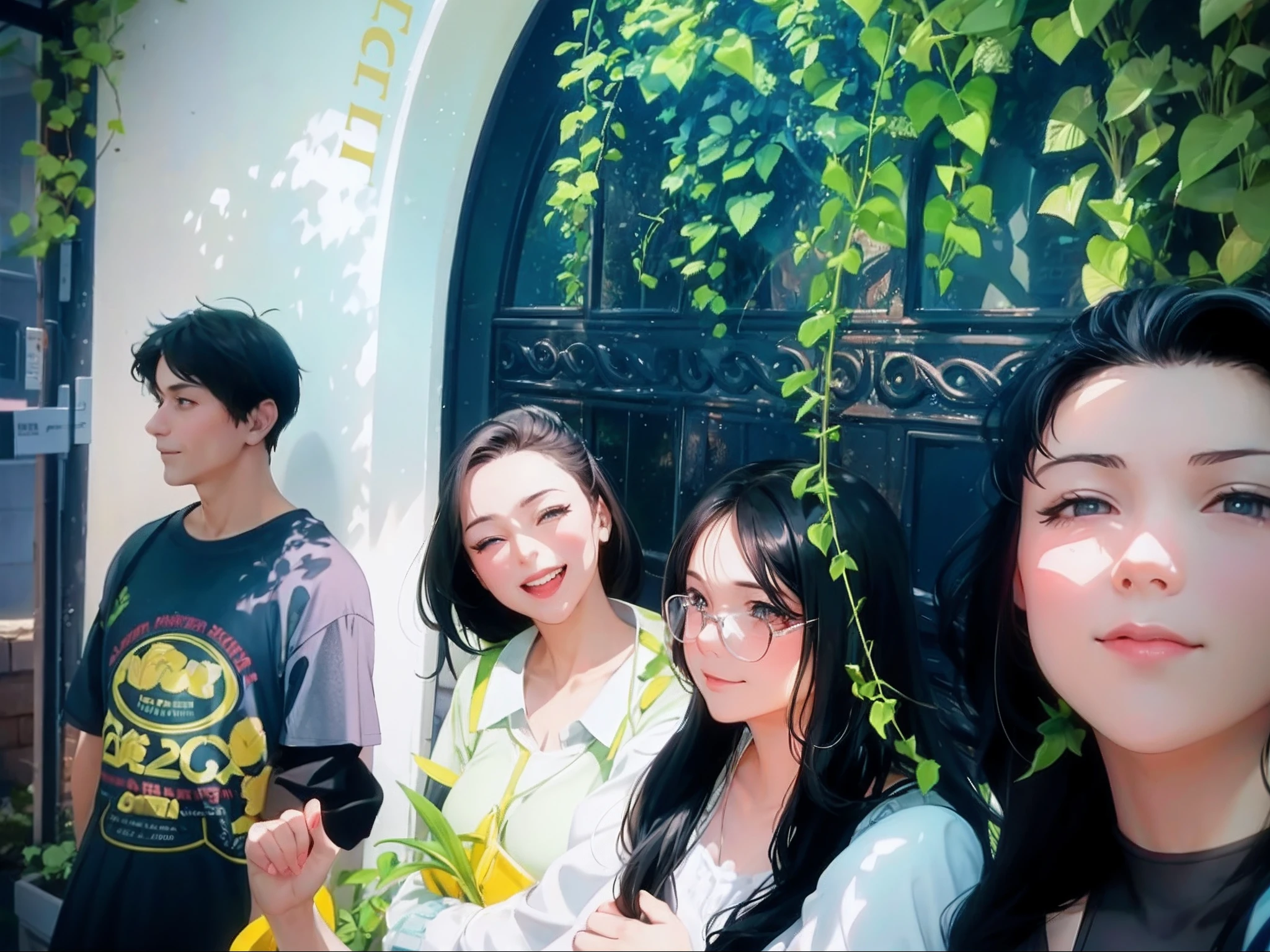 there are a group of people that are posing for a picture, with ivy, profile pic, profile image, profile picture, photo taken in 2 0 2 0, group photo, in garden, a picture, taken in 2 0 2 0, photoshot, profile picture 1024px, very very low quality picture, happy family, vacation photo, with a garden, anime style loRA