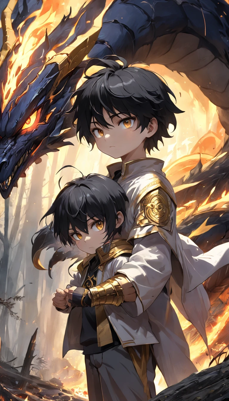 epic look at your scene, In the middle of a destroyed village, The village is set in the middle of a forest,  protagonist with black hair and shiny golden eyes, Injured as a result of confrontation, Awaken the power of white flames，A huge scorpion on the back。