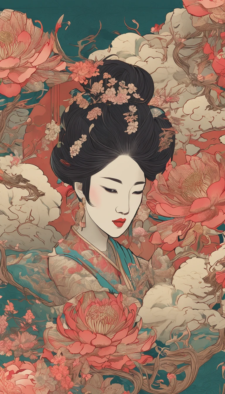 Flower tea packaging，Ancient Chinese embroidery style relief，Doubleexposure，Delayed exposure，Side lighting，Three-dimensional feeling，