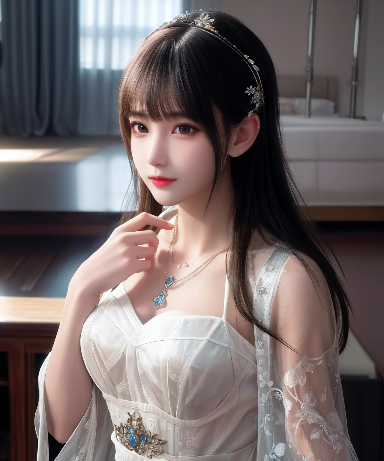 (best quality, masterpiece),1girl, solo, jewelry, necklace, looking at viewer, long hair, twintails, realistic, bangs, hair ornament, lips, collarbone, closed mouth, brown hair, butterfly hair ornament, white dress, (small breasts), breasts, upper body, smile