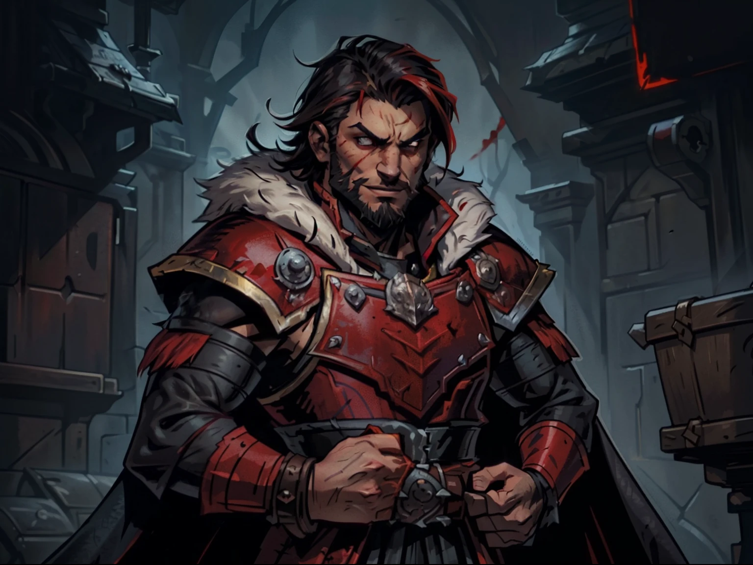 Blood moon background, Darkest Dungeon style, weredragon, hiding in shadows. Sadurang from Marvel, hunk, buffed physics, short mane hair, mullet hair, defined face, detailed eyes, short beard, red eyes, dark hair, cruel smile, badass, dangerous. ((full red armor, mail cuirass, scaled sleeves, fur cloak))