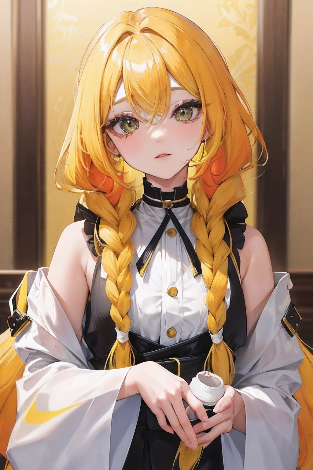 "Long, vibrant yellow hair styled with elegant braids. A unique blend of kawaii and refined aesthetics, with a touch of sophistication. Dressed in colorful. Captured in stunning 8k resolution, delivering unparalleled visual detail."
