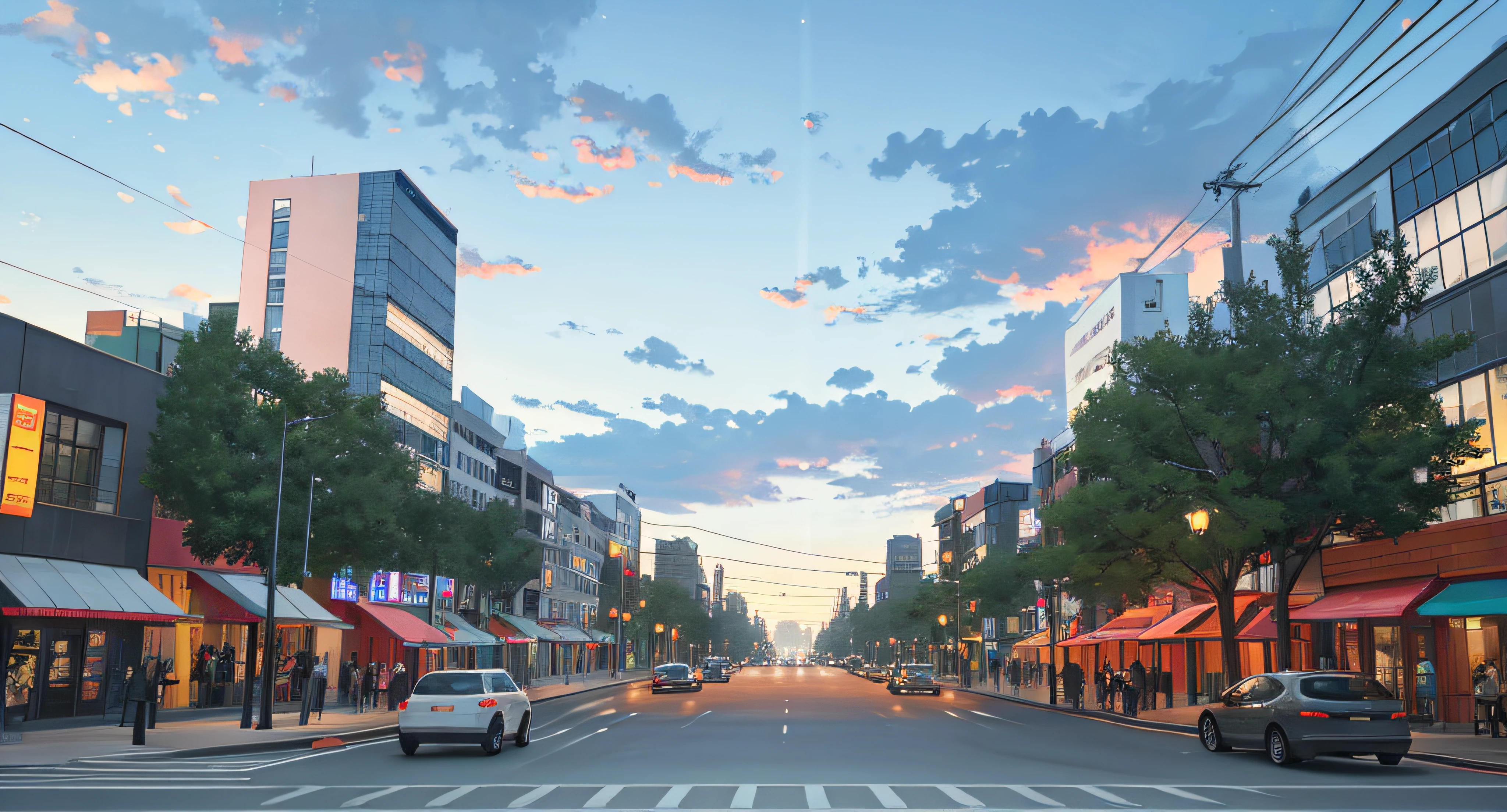 Street renderings of trees and pedestrian crossings, city street view background, street level view, street top view, photorealistic streetscape, wide establishing shot, City, the city street, street, Two-dimensional scene, Beautiful image, perspective wide angle view, nanquan, wide angle exterior 2022, urban street scene, Hyper-realistic,nighttime scene,the night,rays of moonlight,Brighten,Two-dimensional night view,