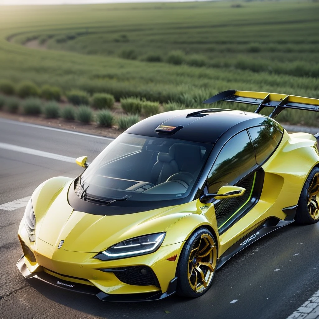 electric flying car, yellow, brand ((Grgel)), concept car, innovative, ultra realistic, 4k, Michelin concept tires --auto --s2