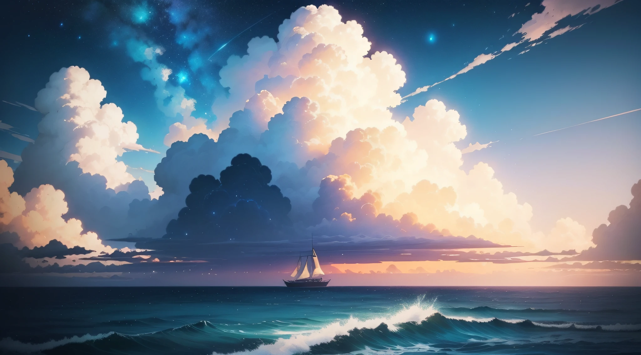 There is a painting of the sky with clouds and stars, Cosmos Sky. by makoto shinkai, Anime Sky, Blue Sea. by makoto shinkai, Anime Cloud, style of makoto shinkai, by Ross Tran. scenery background, in the style of makoto shinkai, By Shinkai Makoto. - H 2160, beautifull puffy clouds. Anime