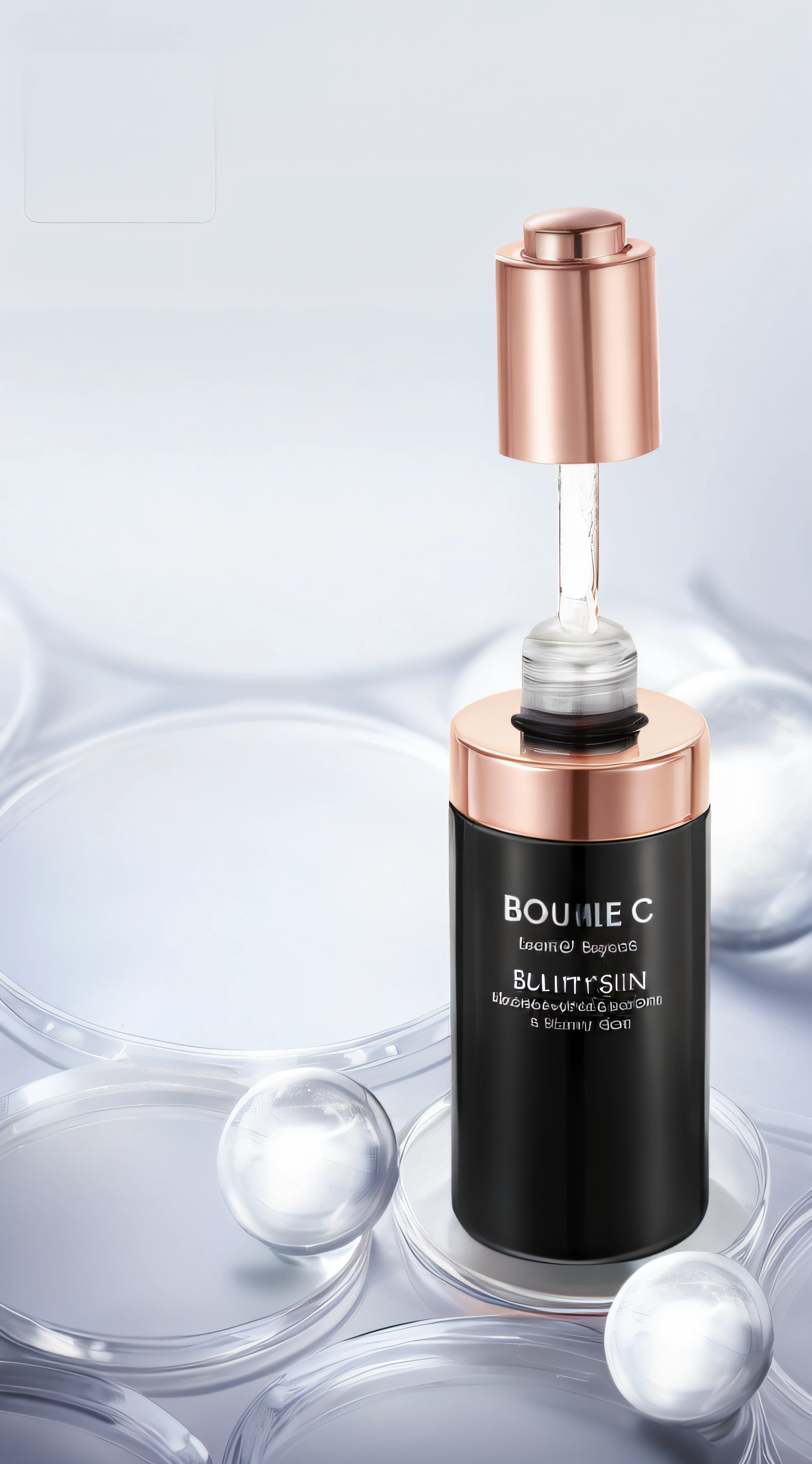 There is a bottle of liquid,There is a dropper on it, dramatic product shot, professional product shot, beauty shot, Dewy skin, professional product photo, exquisite and smooth details, subtle detailing, textured base ; product image, products shot, Product photo, exquisitedetails, Professional product photography, Subtle details, high quality topical render, bottom angles, bubbling skin