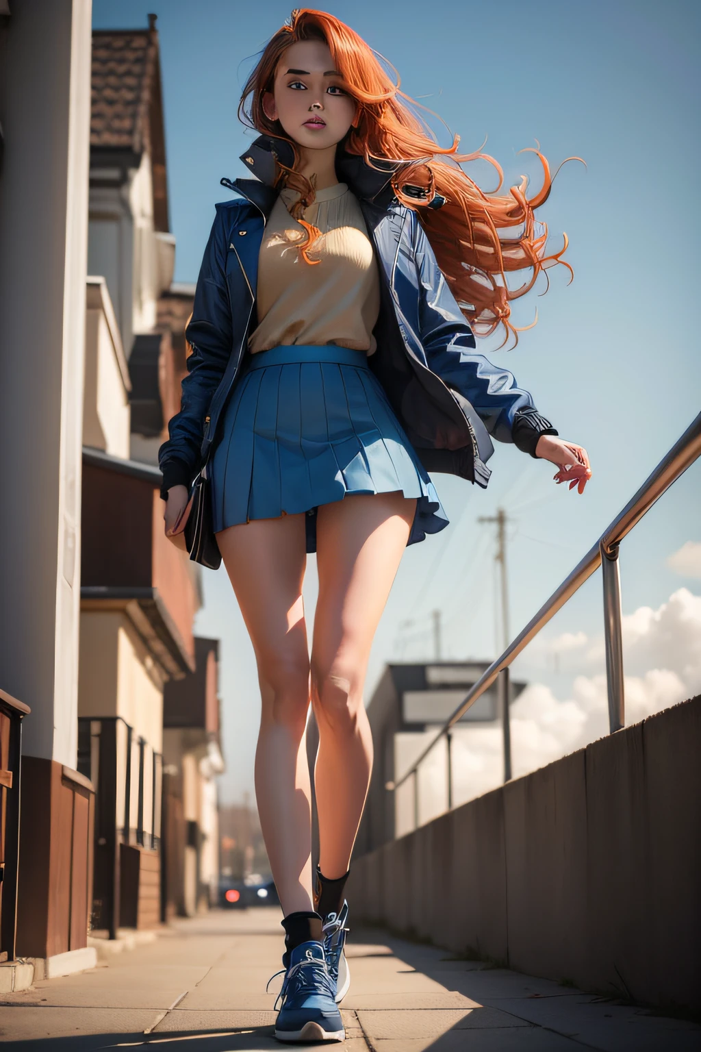 Woman in a blue short skirt has a laser jacket hair auburn and wavy wind blowing hair on the base