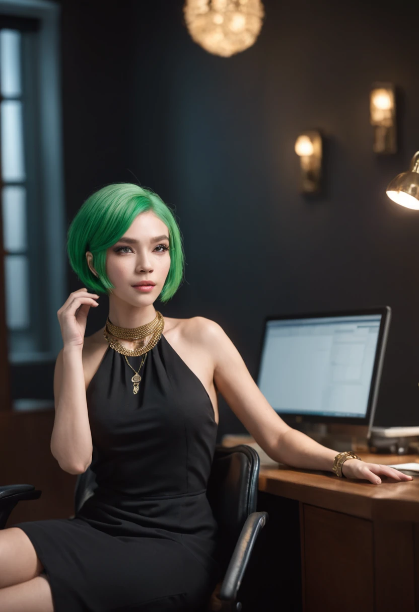 Masterpiece, intricate detail, 8k, hires, ultra detailed, extremely delicate and beautiful," 1woman with green bob hair is seated in an office chair, wearing black dress and half naked, gold necklace and gold watch, in an office space during the night time. The cozy light room casts a soft glow, accentuating her unique hair color and creating a focused atmosphere. Her presence exudes professionalism and a sense of dedication as she works diligently at her desk."