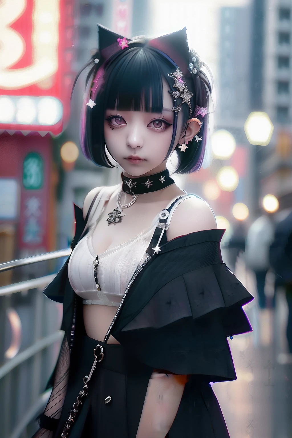 A dark-haired、A black、bob cuts、Blunt bangs、(((A dark-haired))),eye glass、Lunette de soleil、piercings、Forehead、Blunt bangs、Eyebrows are visible、The bikini、goth_punk, 1girl in, 独奏, medium shot, Walking in Harajuku, ((during night)), bokeh dof, Neon light, Iridescent eyes, starrysky, White shiny hair, White eyebrows, Radiant hair, (iridescent white hair), 耳Nipple Ring, bangss, jewely, masks, bluntbangs, verd s eyes, Mouth mask, blurry backround, bblurry, hair adornments, Look at viewers, shorth hair, portraitures, side locks