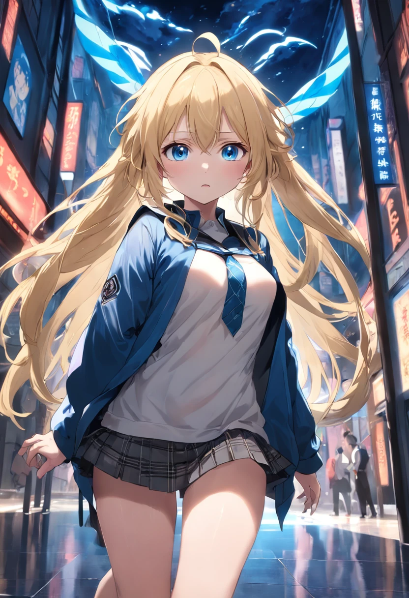 blonde with blue eyes,Lazy expression,JK Campus,black lence stockings,Tall and tall,Beautiful breasts
