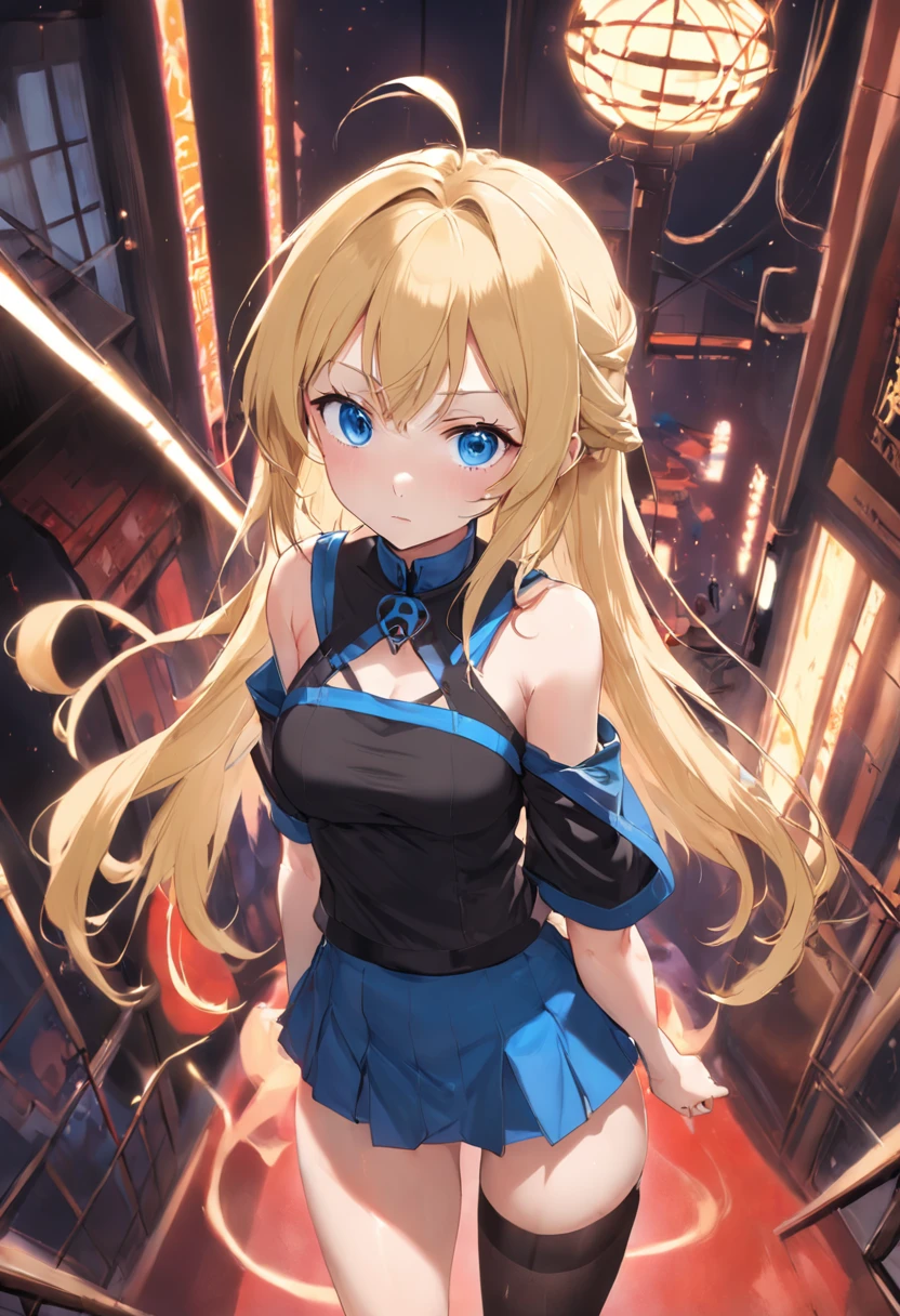 blonde with blue eyes,Lazy expression,JK Campus,black lence stockings,Tall and tall,Beautiful breasts