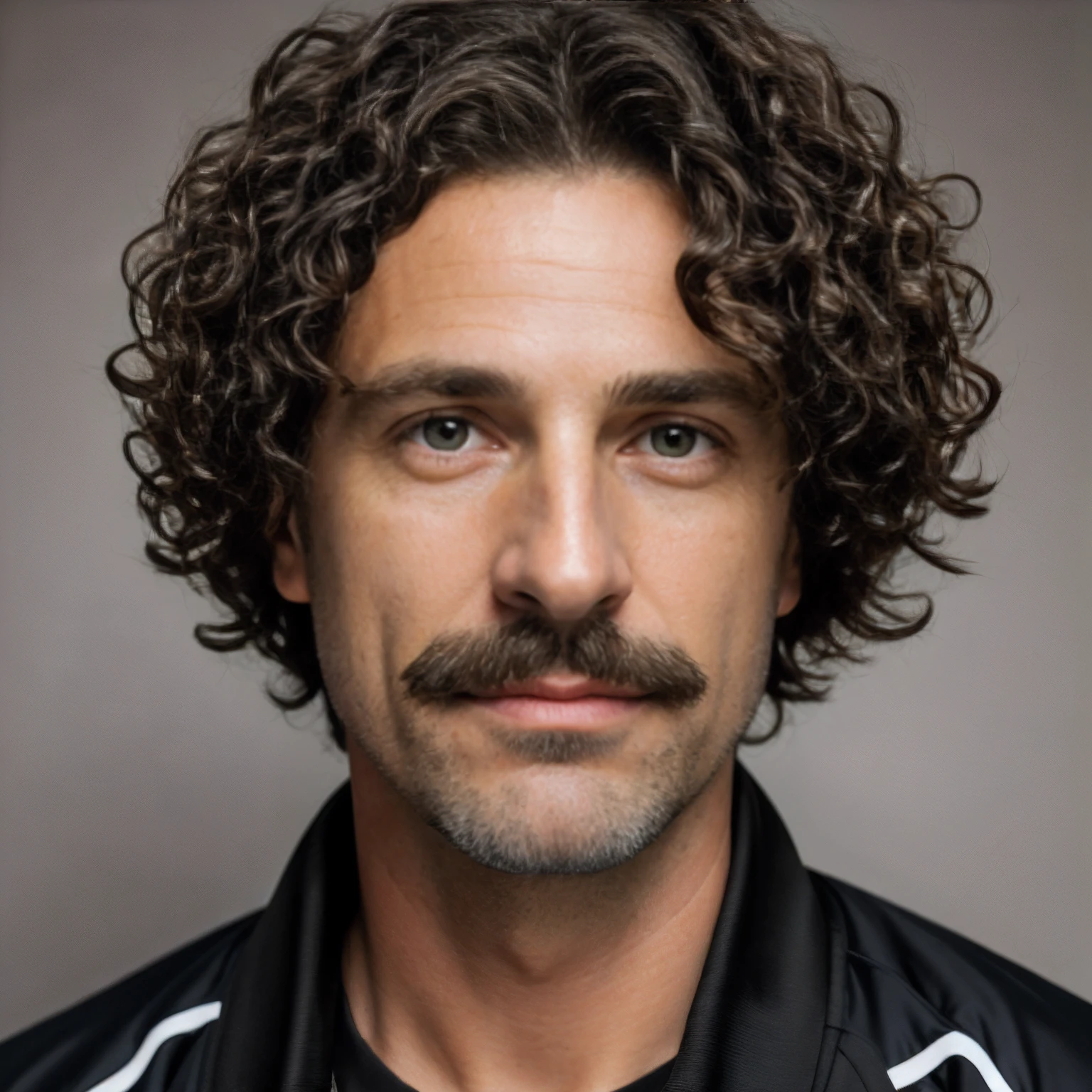 (masterpiece, photorealistic, raw,:1.4), (extremely intricate:1.2), close up, cinematic light, sidelighting, ultra high res, best shadow, RAW, upper body, 40 year old man, soccer coach, about to give tactical instructions to his soccer professional team, wearing black track suit, mustache, ((very short curly hair:1.4)), professional, face close-up, neutral grey background, photomaton, studio photo