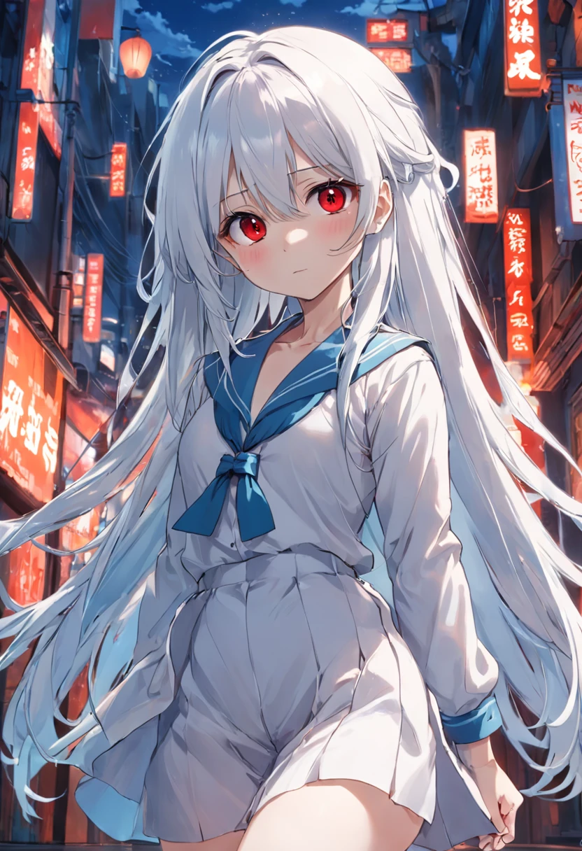 red pupils，Lazy expression，Long white hair and white stockings，Cyan and blue clothes，JK Campus，ssmile