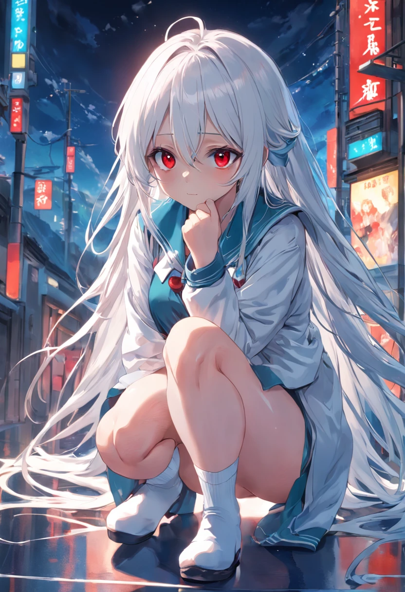 red pupils,Lazy expression,Long white hair and white stockings,Cyan and blue clothes,JK Campus,ssmile