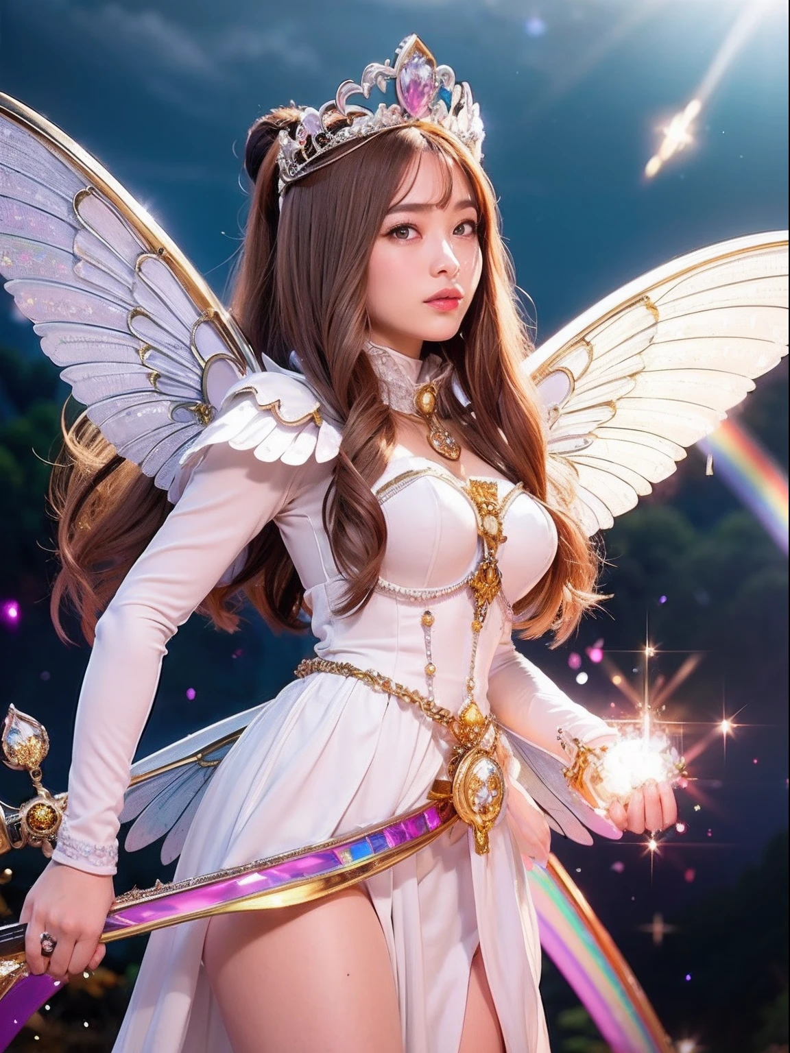 Professional , masterpiece、top-quality、photos realistic , depth of fields (Gemstone Silver Metal Body:1.9),(Matte White Pink、Jewel Gold Weapon、(Gorgeous castle background)、(ultimate beauty girl)、(Rainbow fairy wings grow)、Particles of light、(Metal body of iridescent gemstones:1.9),Gorgeous Jewel Metal Weapons , Detailed Sword of the Brave ,( a blond) , adepta sororitas,Detail and ornate jewel crown、独奏、Brown hair、Mystical expression、(Gangle's forest background)、Beautiful Caucasian beauty、1a person、dynamic ungle,(((Diamond tiara with detail and luxury)))、a small face、Beautiful poses、(Gorgeous castle background)、huge filesize、Beautiful girl at 16 years old、Stand in the center of the screen、Thin female fingers、Straight long hair、Beautiful Caucasian beauty、(maikurobikini)、Hair fluttering in the wind、face forwards、Look at viewers、(Armpit)、Armpit、