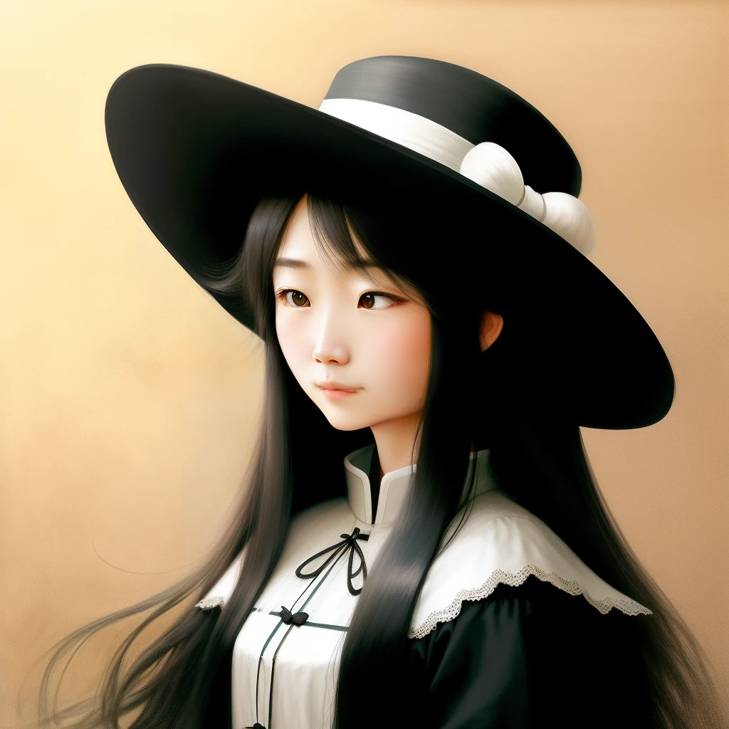 Long hair,Poetic temperament,Gentle personality,A hat woman。