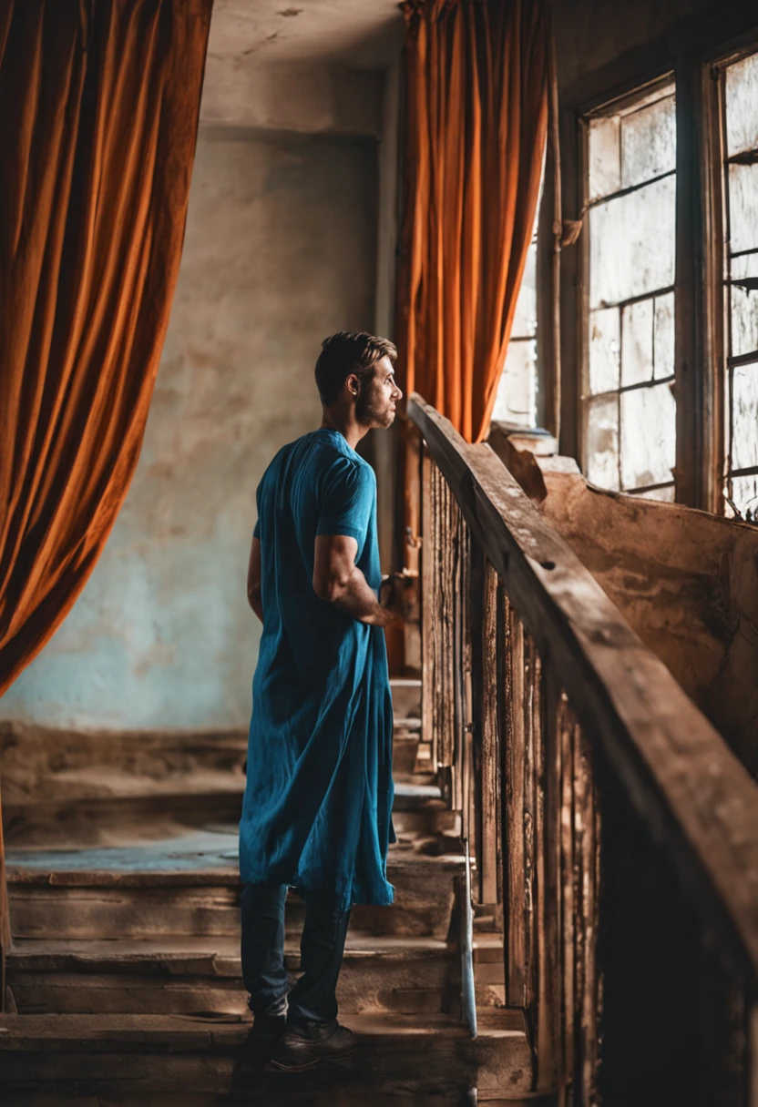 Young man hanging curtain. Blue American pleated hangs curtain rustic on staircase. evin salonunda .