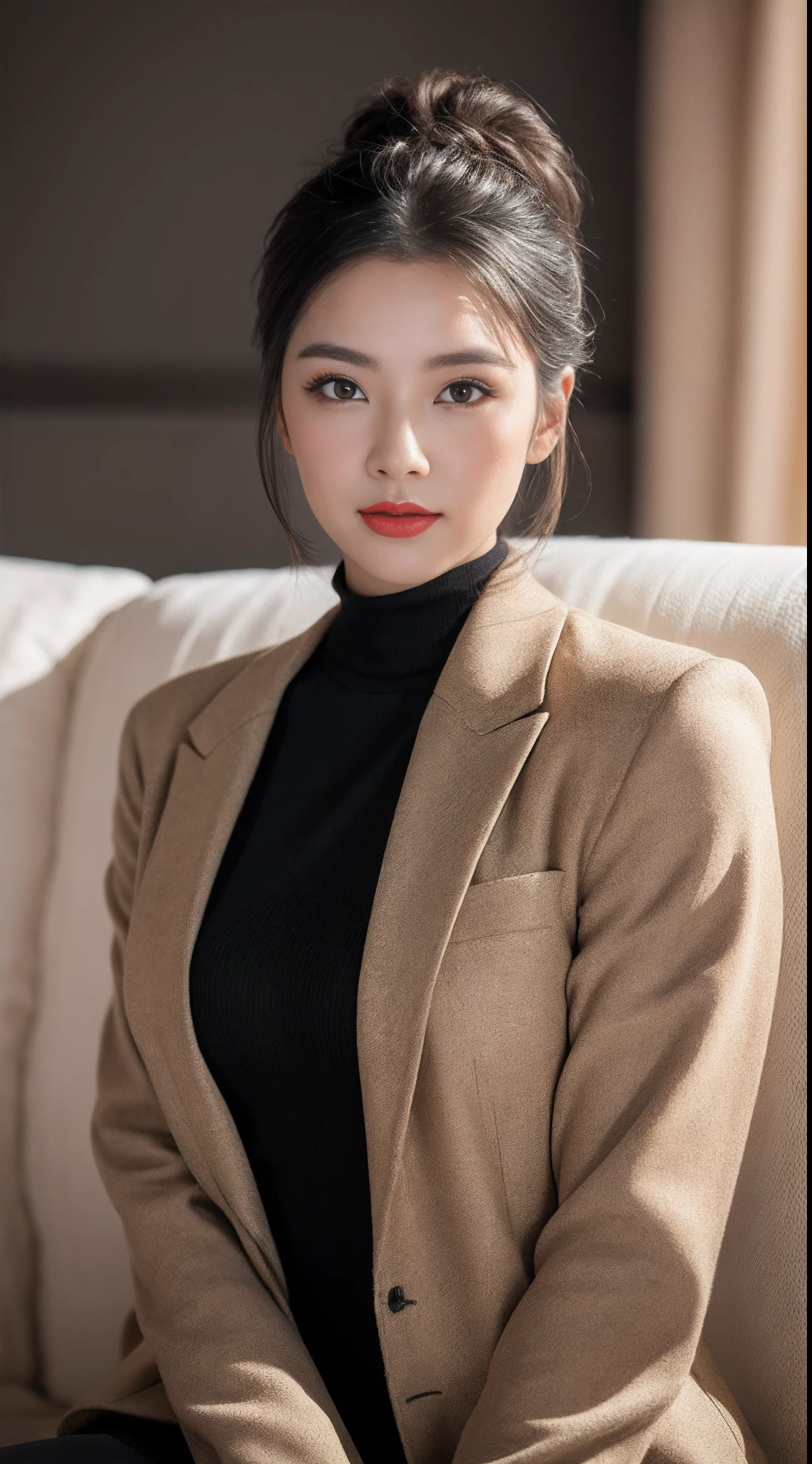 (RAW photogr:1.2),The highest quality, 超高分辨率, Female anchor,sitting in the couch,The female anchor is wearing a red blazer,Wear yours with a white shirt and black pants。The makeup is delicate and generous,Mainly light makeup,Highlight the female anchor's eyes and lips。The face shape is round,The eyes are big and spirited,The eyebrows curve naturally,Plump and rosy lips。Hair coiled,Render clean and powerful images。,indoor background