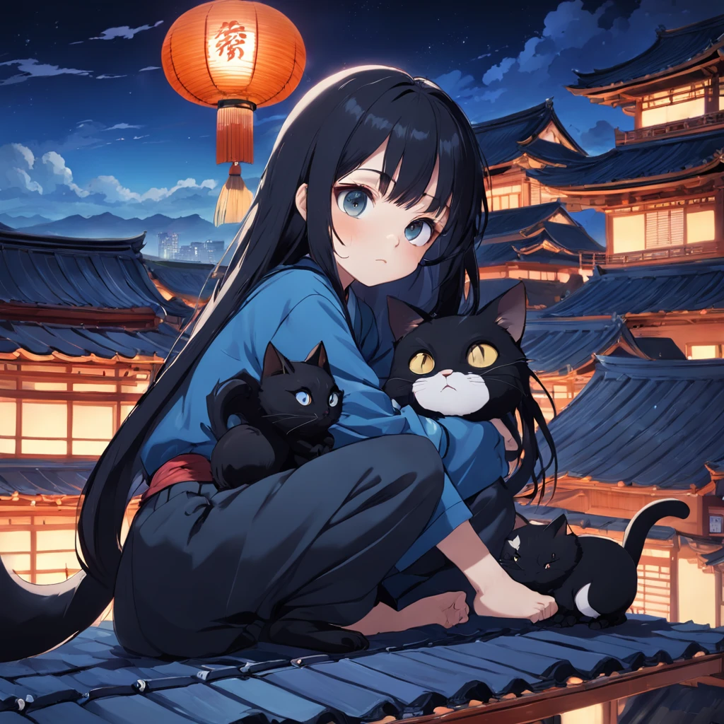 A long-haired Asian girl, with big eyes and black hair, is lying on the roof at night. There is a small black cat next to her, and the scene has a Japanese style.