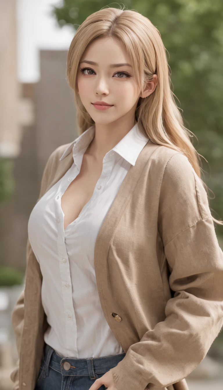 historia from the anime Shingeki no Kyojin, shoulder length hair, blonde hair, ponytail hair, pretty, beautiful woman, perfect body, perfect boobs, wearing white shirt, brown cardigan, long jeans, tote bag, wearing watch, wearing earrings , in class , on campus, university, whiteboard, looking at the viewer full body, a little smile, realism, masterpiece, textured skin, super detailed, high detail, high quality, best quality, 1080p, 16k