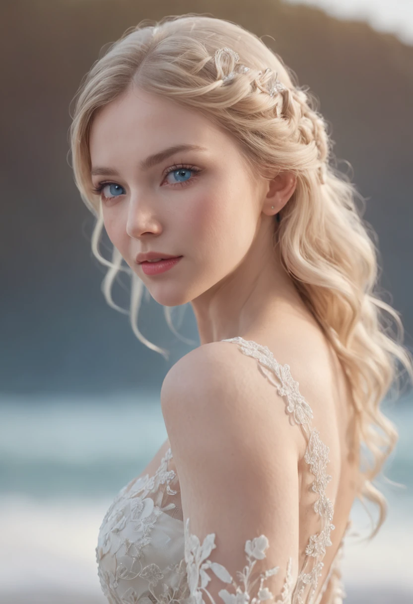 1 beautiful girl, (Realistic:1.3) full body, standing photo, stand in front blue sea, white wedding dress, soft dress, blond hair, blue eyes, wavy hair, masterpiece, diffuse soft lighting, portrait, best quality (perfect face:1.4), ultra-realistic highly detailed intricate realistic simulation style photo sharply focused on eyes, cinematic lighting, studio shot, elegant pose
