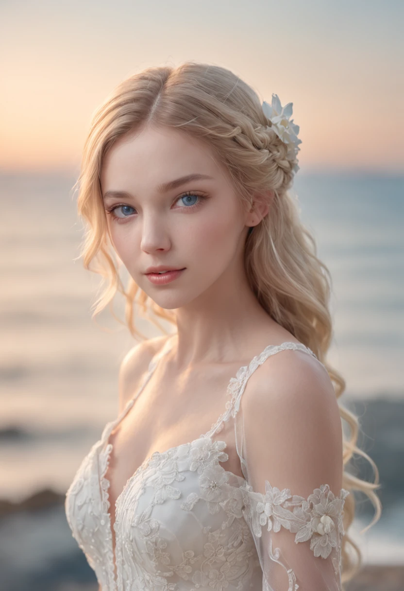 1 beautiful girl, (Realistic:1.3) full body, standing photo, stand in front blue sea, white wedding dress, soft dress, blond hair, blue eyes, wavy hair, masterpiece, diffuse soft lighting, portrait, best quality (perfect face:1.4), ultra-realistic highly detailed intricate realistic simulation style photo sharply focused on eyes, cinematic lighting, studio shot, elegant pose
