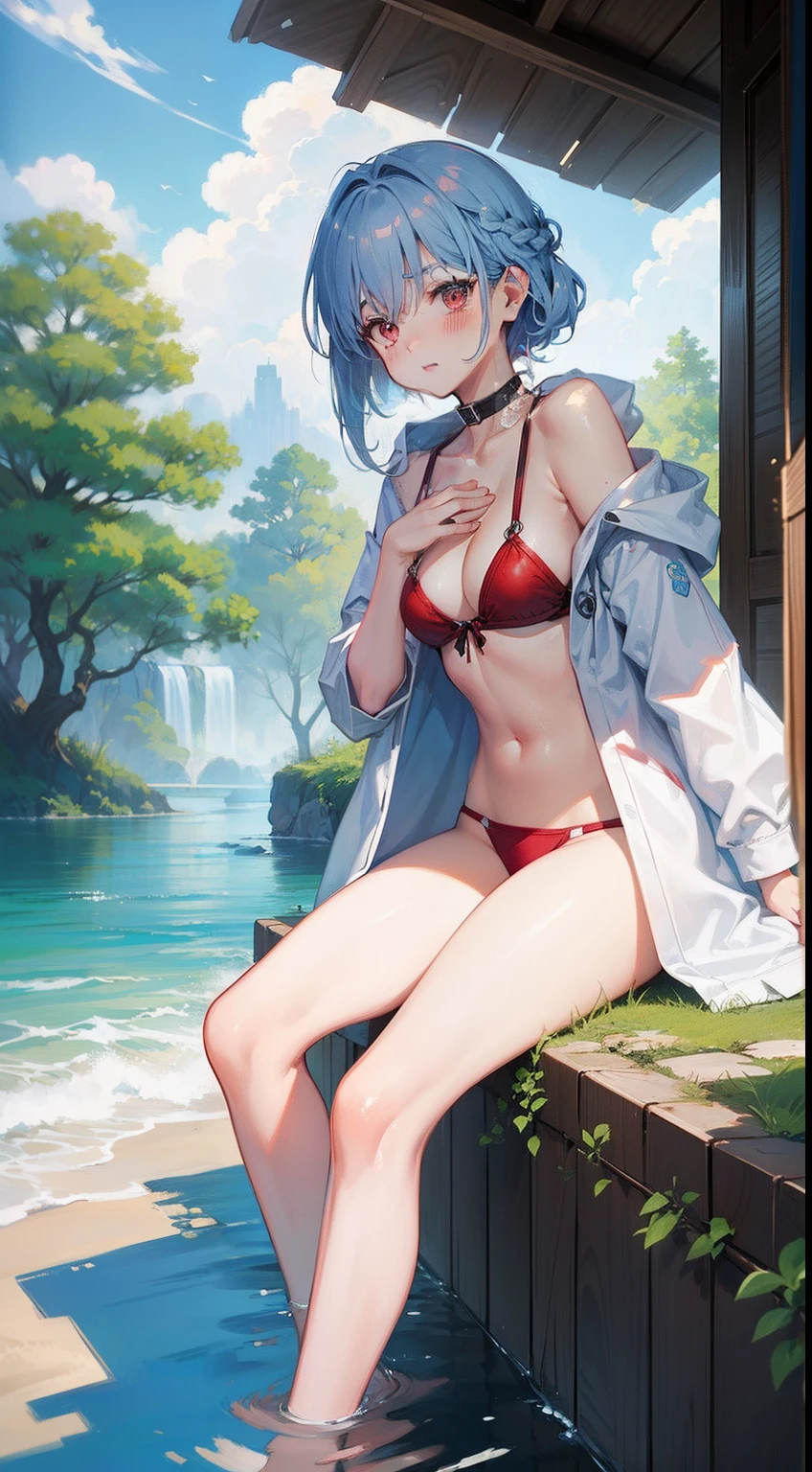 ((masterpiece:1.2、top-quality)), ((Put your hands on your chest)), ((Shy face)), ((Troubled eyebrows)), ((red blush)), 1 Whole body of a girl, elvish, ((silber hair)), Red Eyes, bob cuts, Braided hair, swim wears, The bikini, parka, Mare, shores, gender change, concept-art, beautiful anime scene, Beautiful anime scenery, top-quality, masterpiece