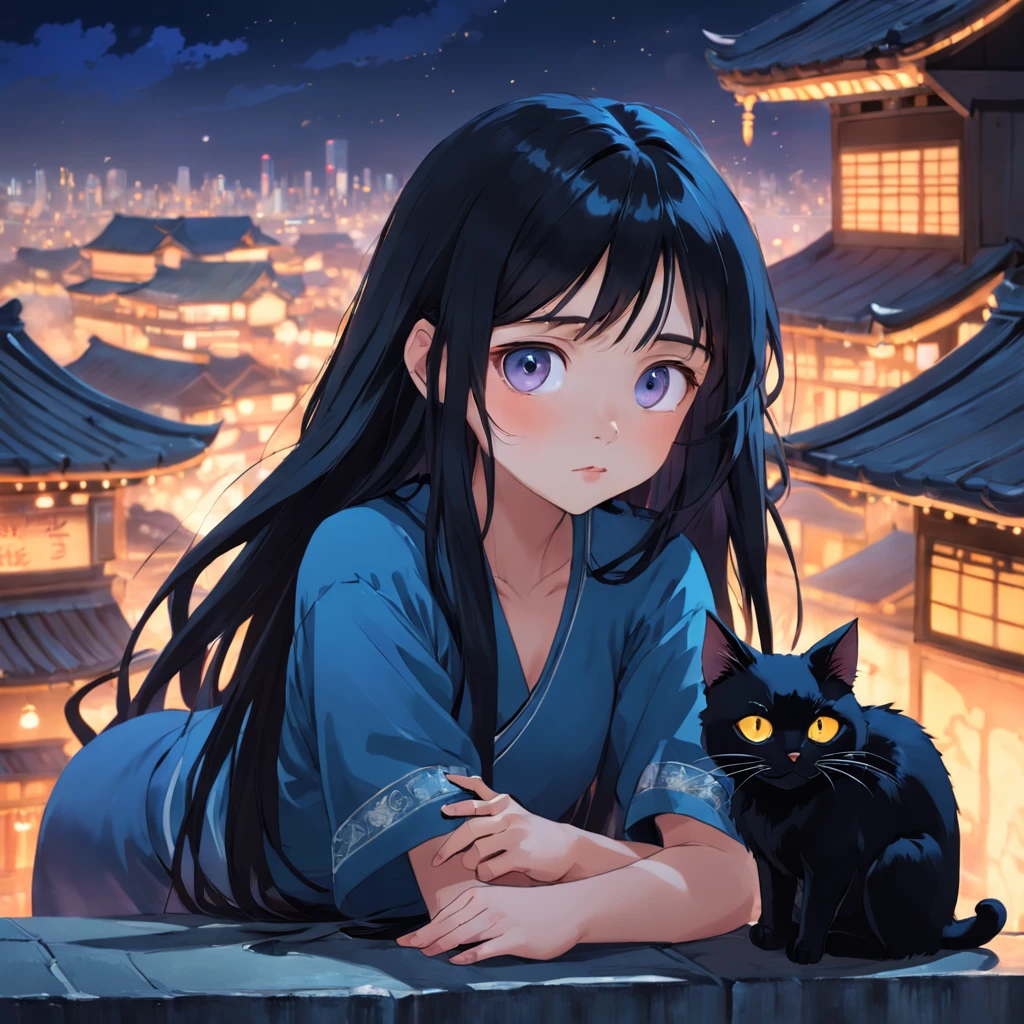 An Asian girl with long hair, big eyes, and black hair, is lying on the rooftop at night. Beside her is a small black cat, in a European style.