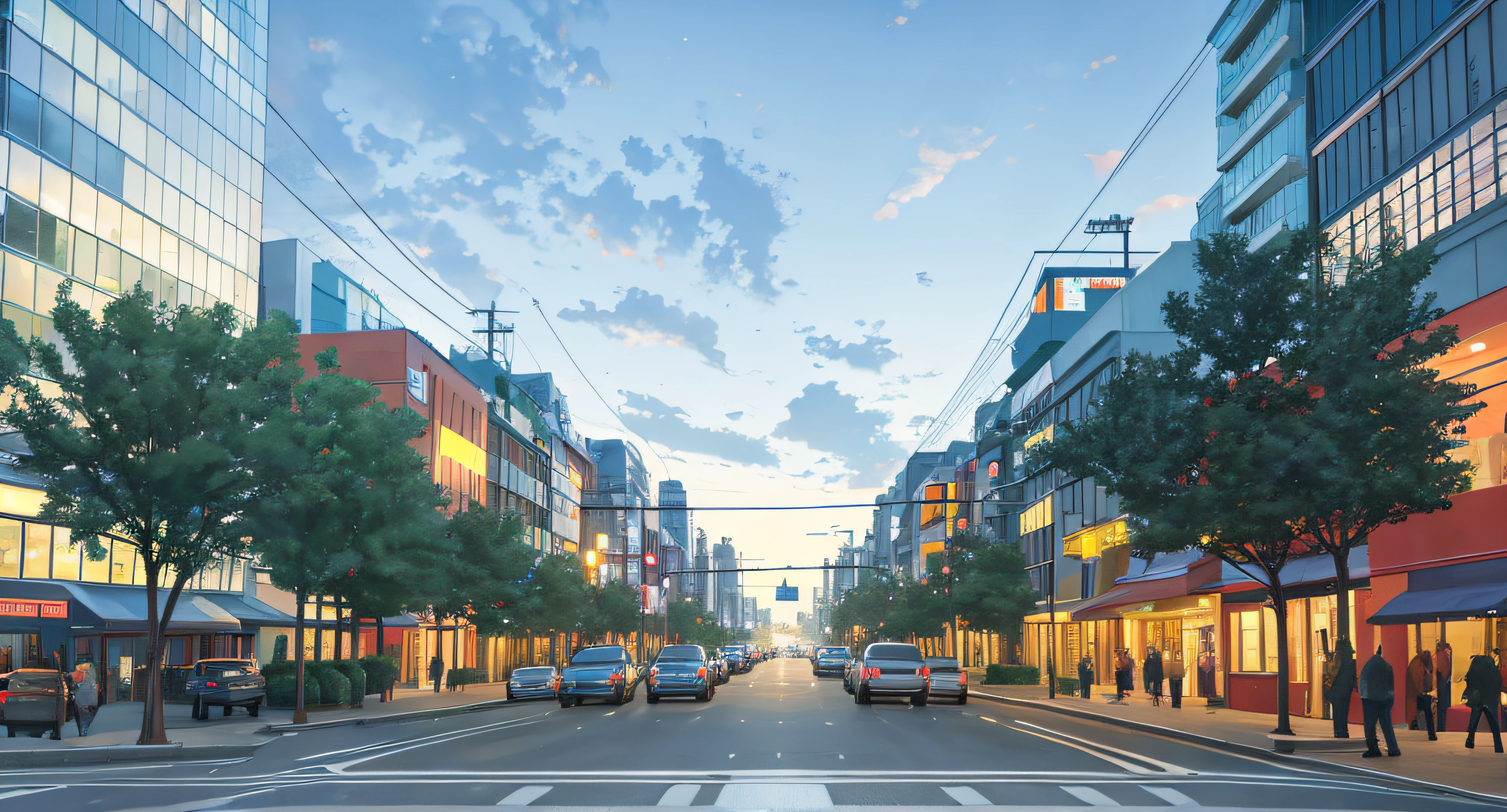 Street renderings of trees and pedestrian crossings, city street view background, street level view, street top view, photorealistic streetscape, wide establishing shot, City, the city street, street, Two-dimensional scene, Beautiful image, perspective wide angle view, nanquan, wide angle exterior 2022, urban street scene, Hyper-realistic,nighttime scene,the night,rays of moonlight,Brighten,Two-dimensional night view,