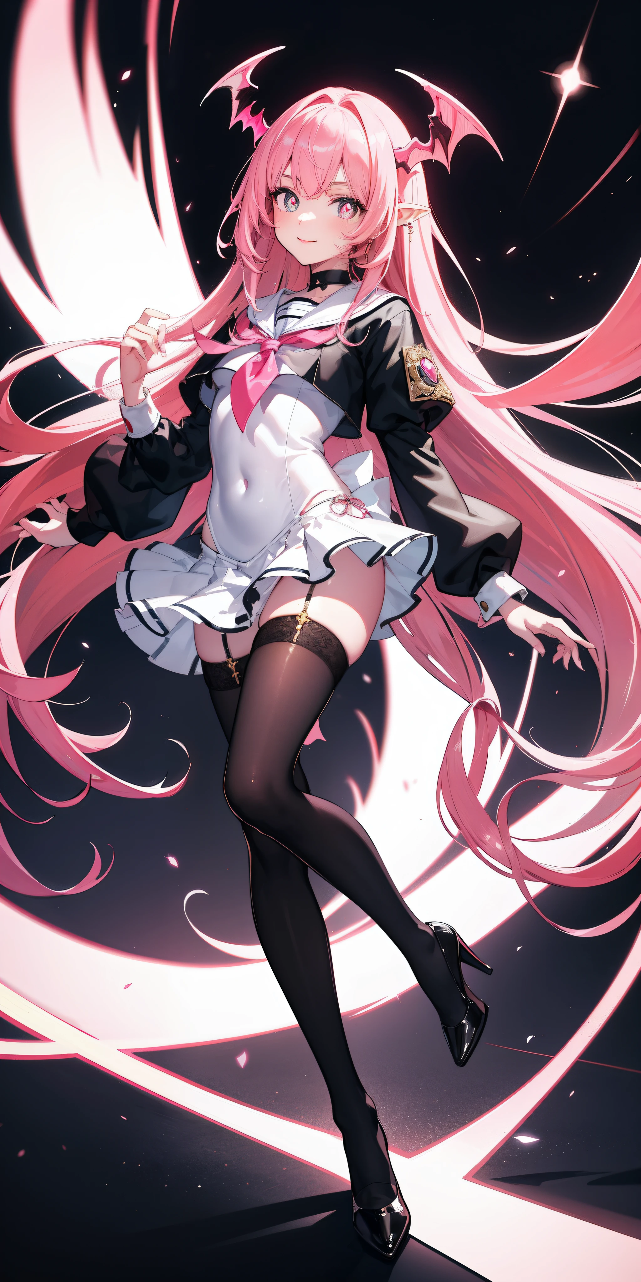 best qualtiy,tmasterpiece,illustratio,1girl, with light glowing, sidelighting, Wallpapers,succubi,Pink Long Hair,Pink pupils,ssmile,huge tit,face flushed,looking at viewert,Beautiful and delicate girl,a sailor suit,Superskirt,black pantyhoses,Small black leather shoes