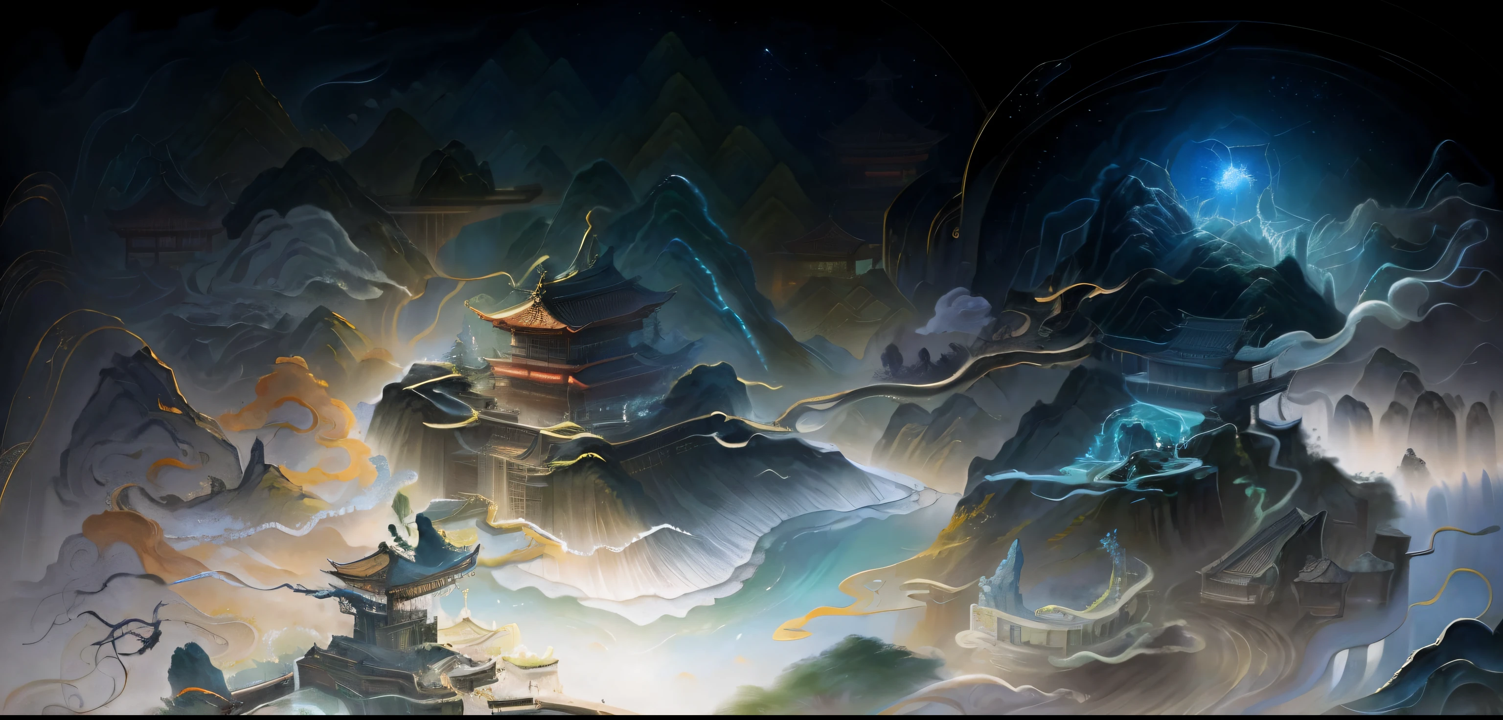 Ancient Chinese scenery, mountains, rivers, auspicious clouds, pavilions, sunshine, masterpieces, super detail, epic composition, Ultra HD, high quality, extremely detailed, official art, unified 8k wallpaper, Super detail, 32k -- v 6