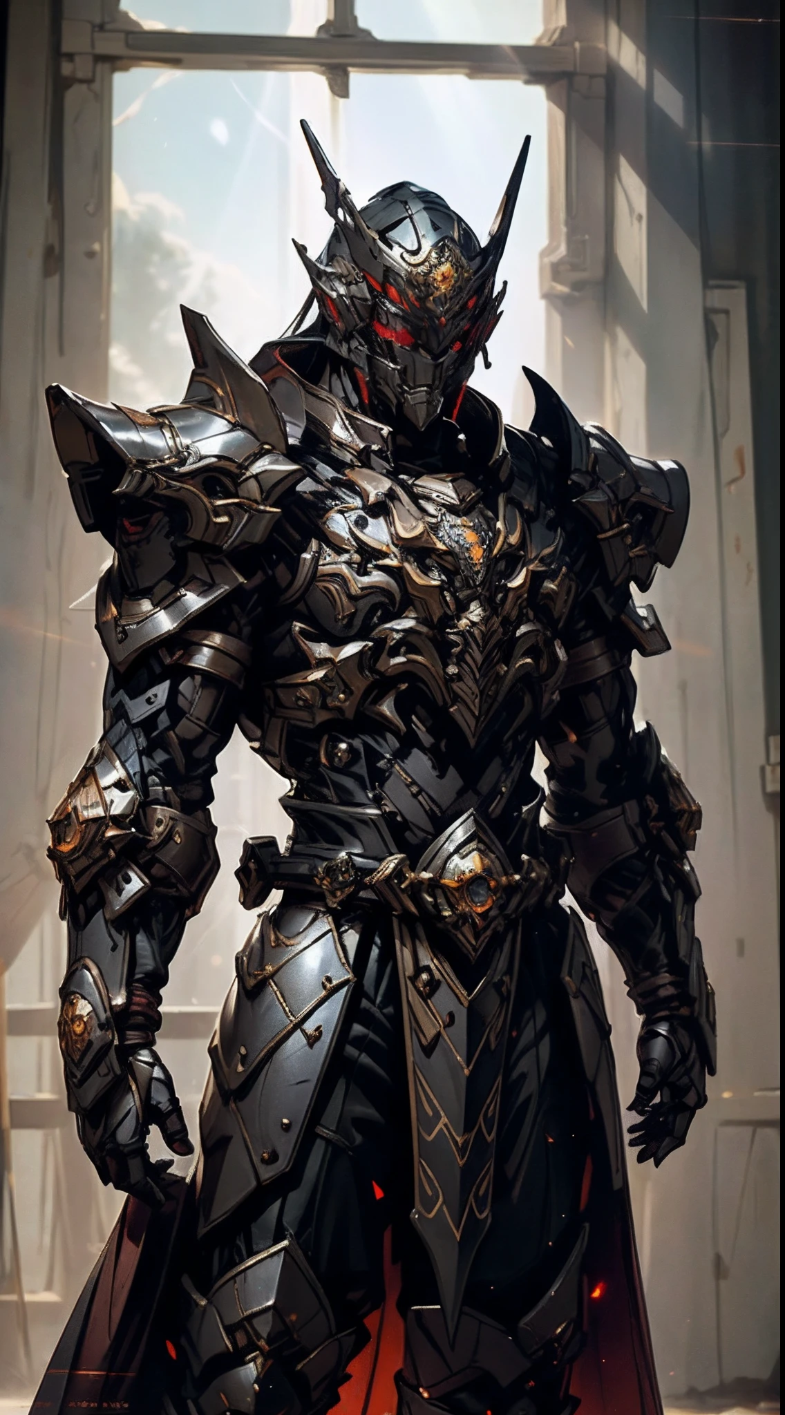 A man wearing a full-face helmet that covers most of his face, adorned in a biomimetic fantasy-style armor, the predominant black color is accented with red textures in the design this character embodies a finely crafted fantasy-style armored warrior design in anime, ((character concept art)), high definition, best quality, ultra-detailed, extremely delicate, anatomically correct, symmetrical face, extremely detailed eyes and face, high quality eyes, creativity, RAW photo, UHD, 16k, (Natural light, cinematic lighting, masterpiece:1.5)
