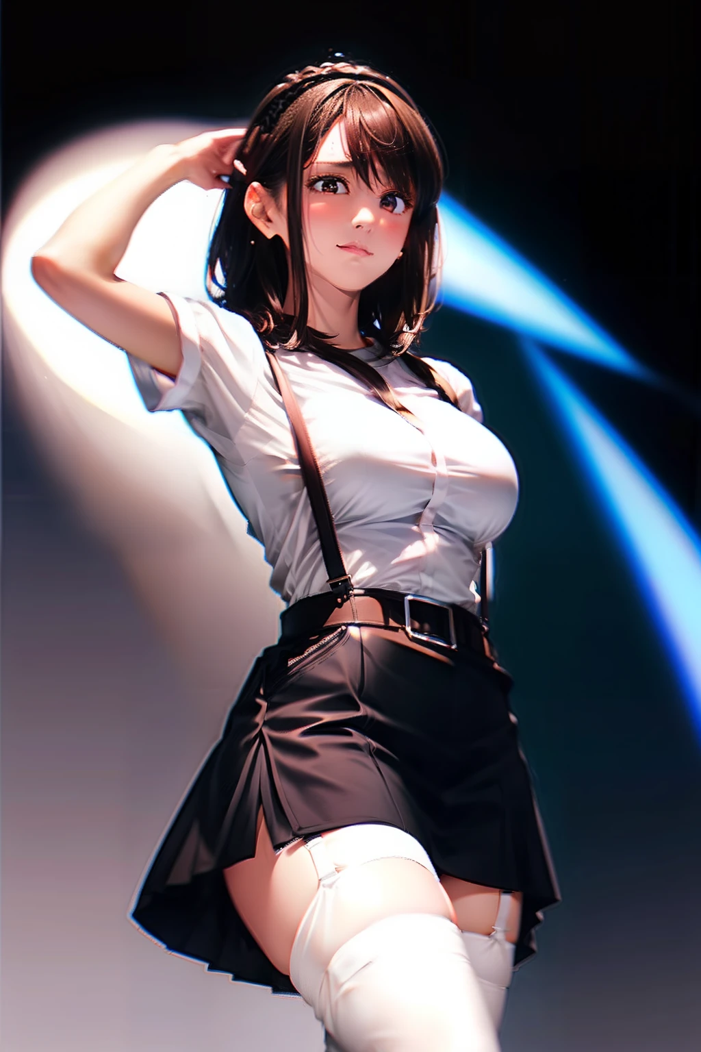 Black skirt, White cutter shirt　suspenders, Brown hair Gray eyes, Garter belt on the legs, Tight clothes, 　　 a belt　Armpit sweat　　deadpan　large full breasts　short-cut