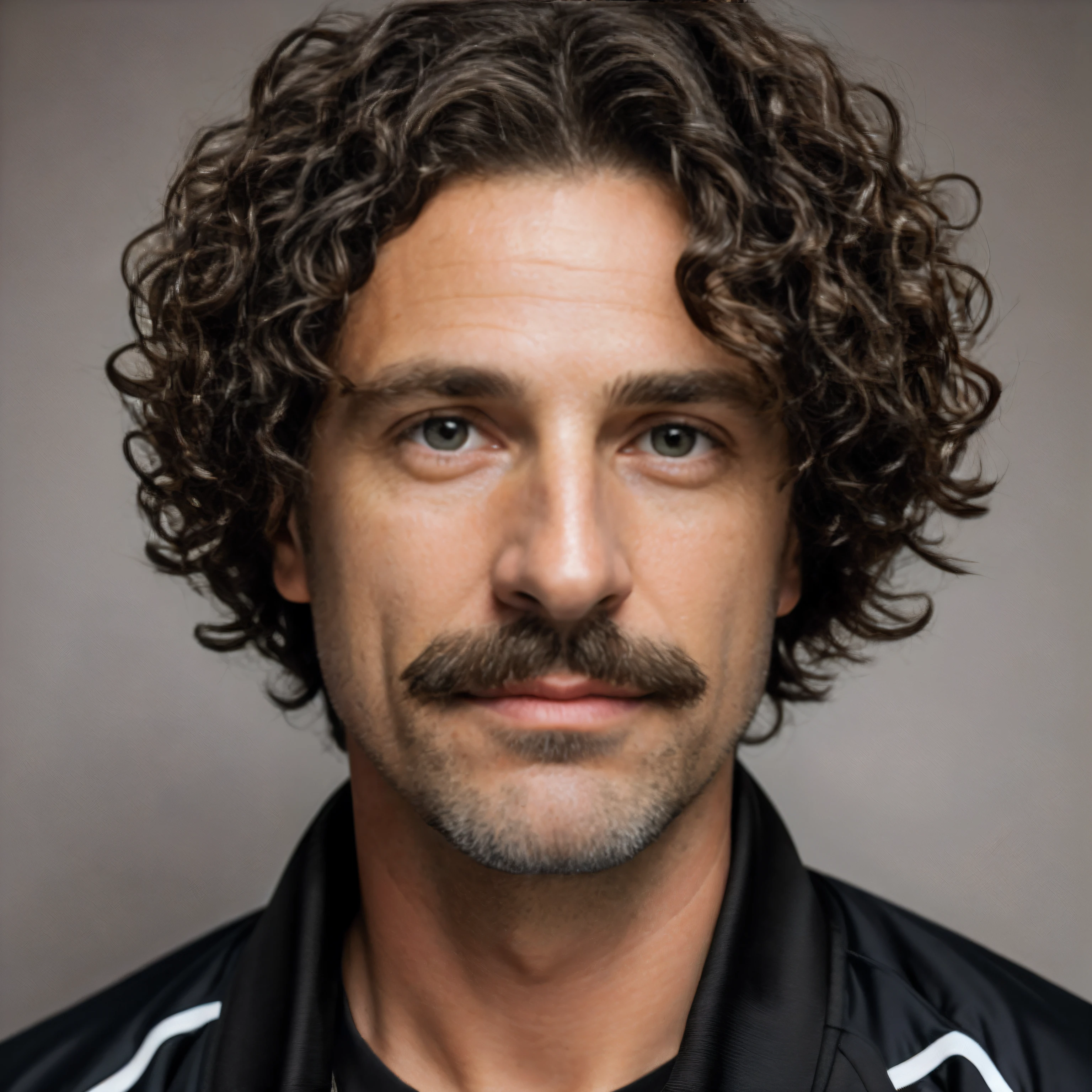 (masterpiece, photorealistic, raw,:1.4), (extremely intricate:1.2), close up, cinematic light, sidelighting, ultra high res, best shadow, RAW, upper body, 40 year old man, soccer coach, about to give tactical instructions to his soccer professional team, wearing black track suit, mustache, ((very short curly hair:1.4)), professional, face close-up, neutral grey background, photomaton, studio photo