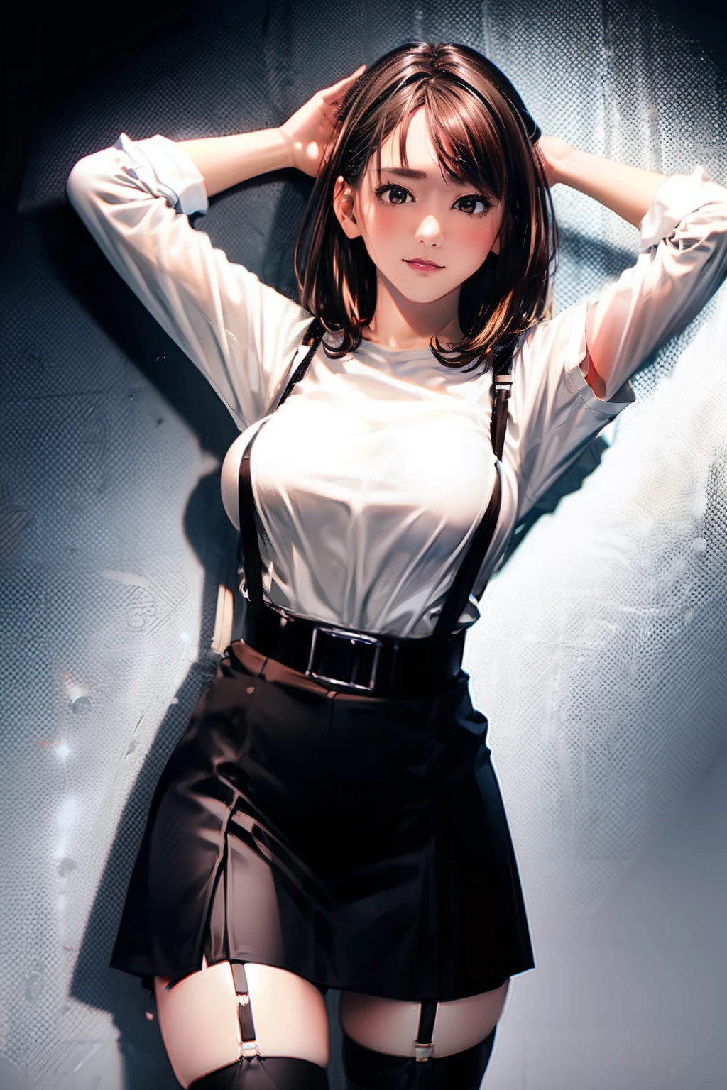 Black skirt, White cutter shirt　suspenders, Brown hair Gray eyes, Garter belt on the legs, Tight clothes, 　　 a belt　Armpit sweat　　deadpan　large full breasts　short-cut