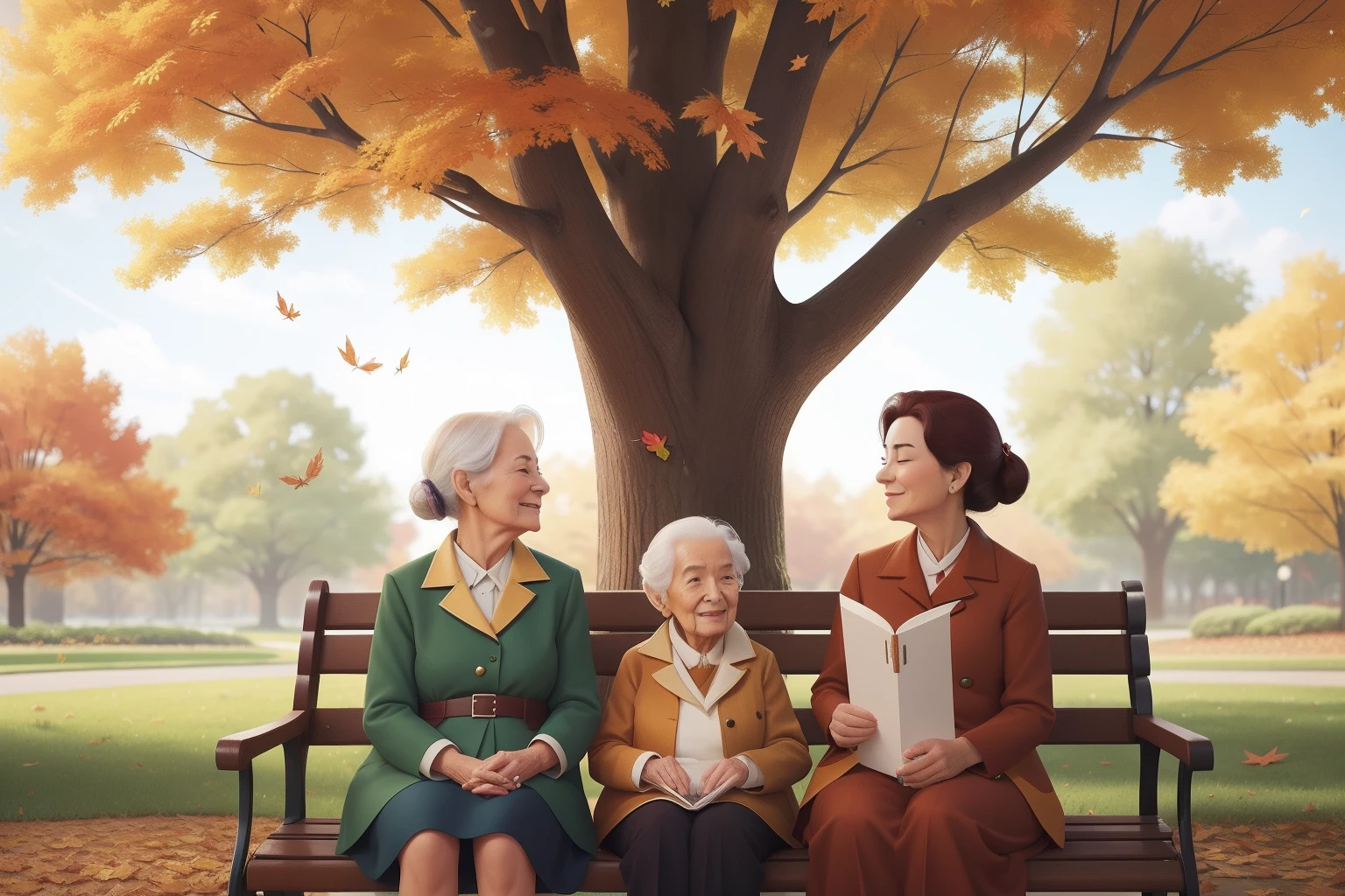 Year: 2019
Setting: A tranquil park with autumn leaves falling gently.
Description: Varya and Ruby, now reunited, visit Gertie at her assisted living facility. They sit on a park bench, sharing a moment of quiet reflection. Nearby, a tree stands adorned with vibrant origami animals, a symbol of Klara's enduring magic.