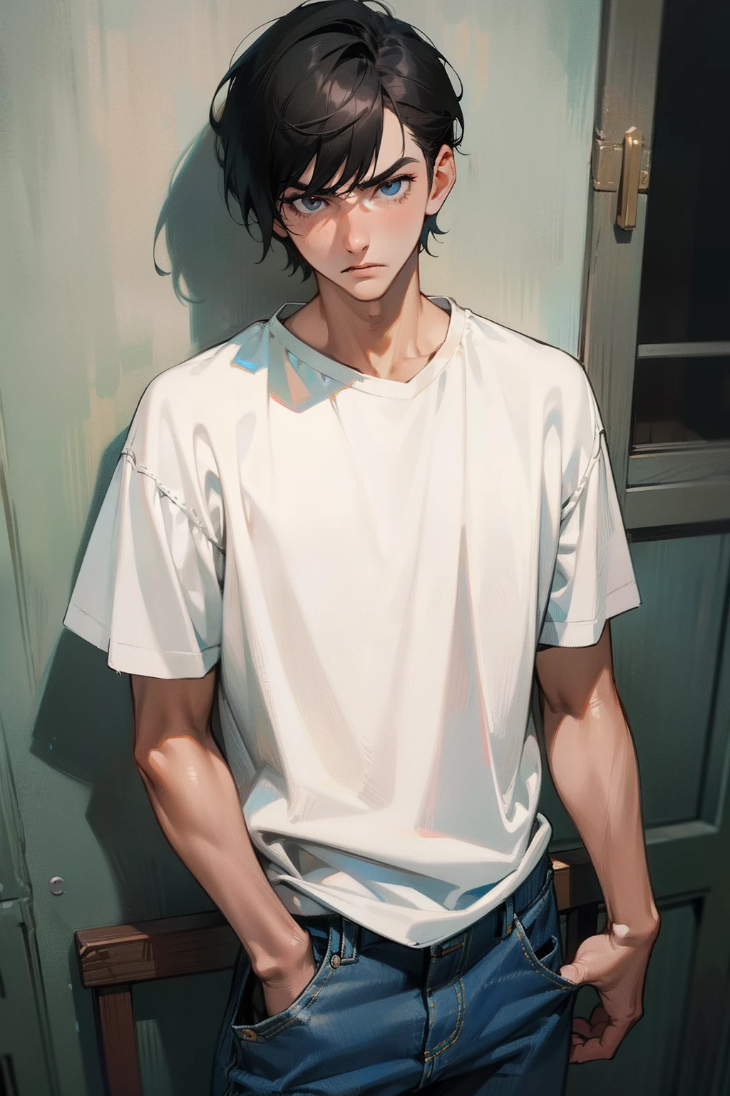 tmasterpiece,Need,Boys are needed,Extremely handsome,Need,White T-shirt,denim pant,super-fine,Need,Need,with short black hair,damp hair,short detailed hair,A high resolution,Need,Libido boy,Need,illustratio, college aged,Young,juvenile sense,Angry,Disdainful,canvas, oil painted, Realistic, Realist,Real,