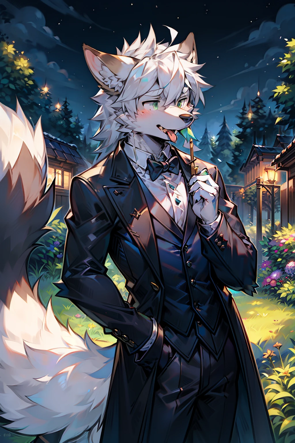solo person,shaggy male,hairy chest,coyote,canid,Deep purple fur,Long gray-white hair,The ends of the hair are light green,Heterochromatic eyes with green left and yellow right,Bullied,Sick,Handsome,large tail,full bodyesbian,Stick out your tongue,Flirting action,swordsman,Butler clothes,Big black trench coat,seminude,Garden at night,mocking,Scoffing