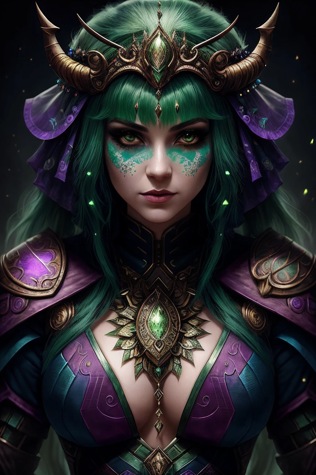 A woman with green hair and horns dressed in purple, Fantasy art Behance, Epic fantasy digital art style, fantasy concept art portrait, Deviantart ArtStation CGSCOSIETY, detailed matte fantasy portrait, Detailed digital 2D fantasy art, Epic fantasy art portrait, detailed fantasy digital art, Epic fantasy art style, Fantasy portrait art, 4K fantasy art