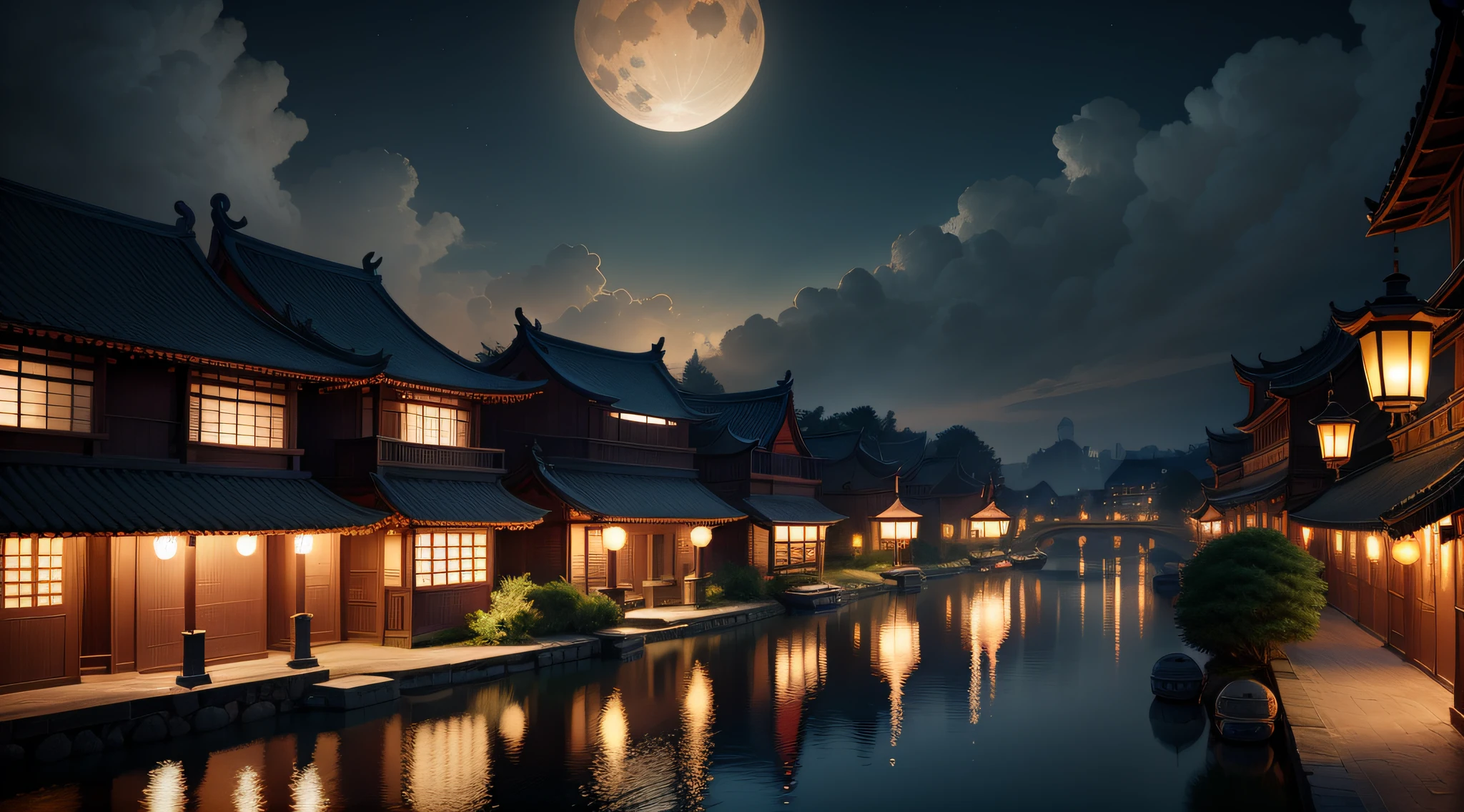 Mid-autumn night view，Wuzhen，river water，Kongming Lantern，lanterns，Clouds，k hd，jubilation，Warm，reunion，CreativeDesign，unreal-engine，3Drenderingof