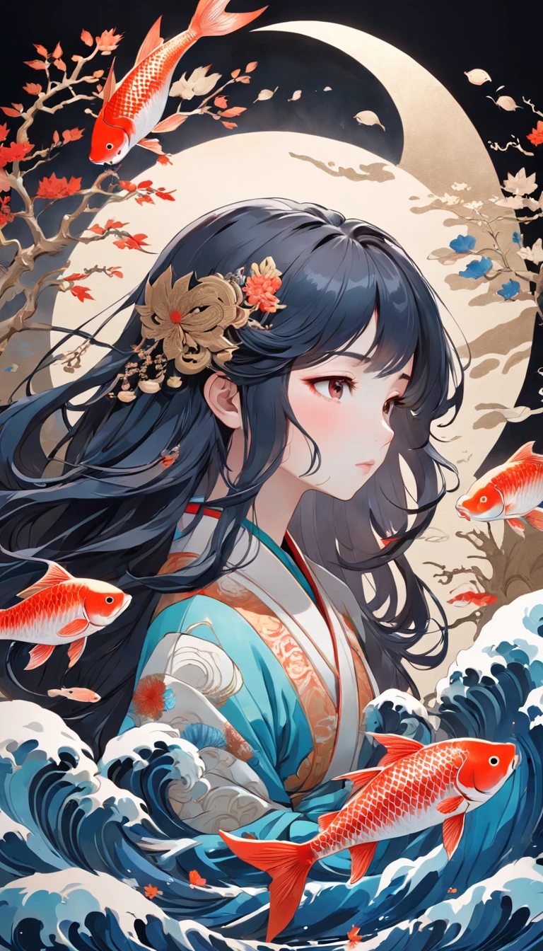 (White background:1.4),(Silhouette of a girl's head, Eyes closed, colorfull long hair, Oriental elements)，(Chinese illustration:1.3，paper art:1.3, Quilted paper art:1.2),( reasonable design, Clear lines, High sharpness,Best quality, Very detailed, Masterpiece, movie light effect, 4K )，Full body photo，themoon，fish flocks，Frontal photo，A top-down view