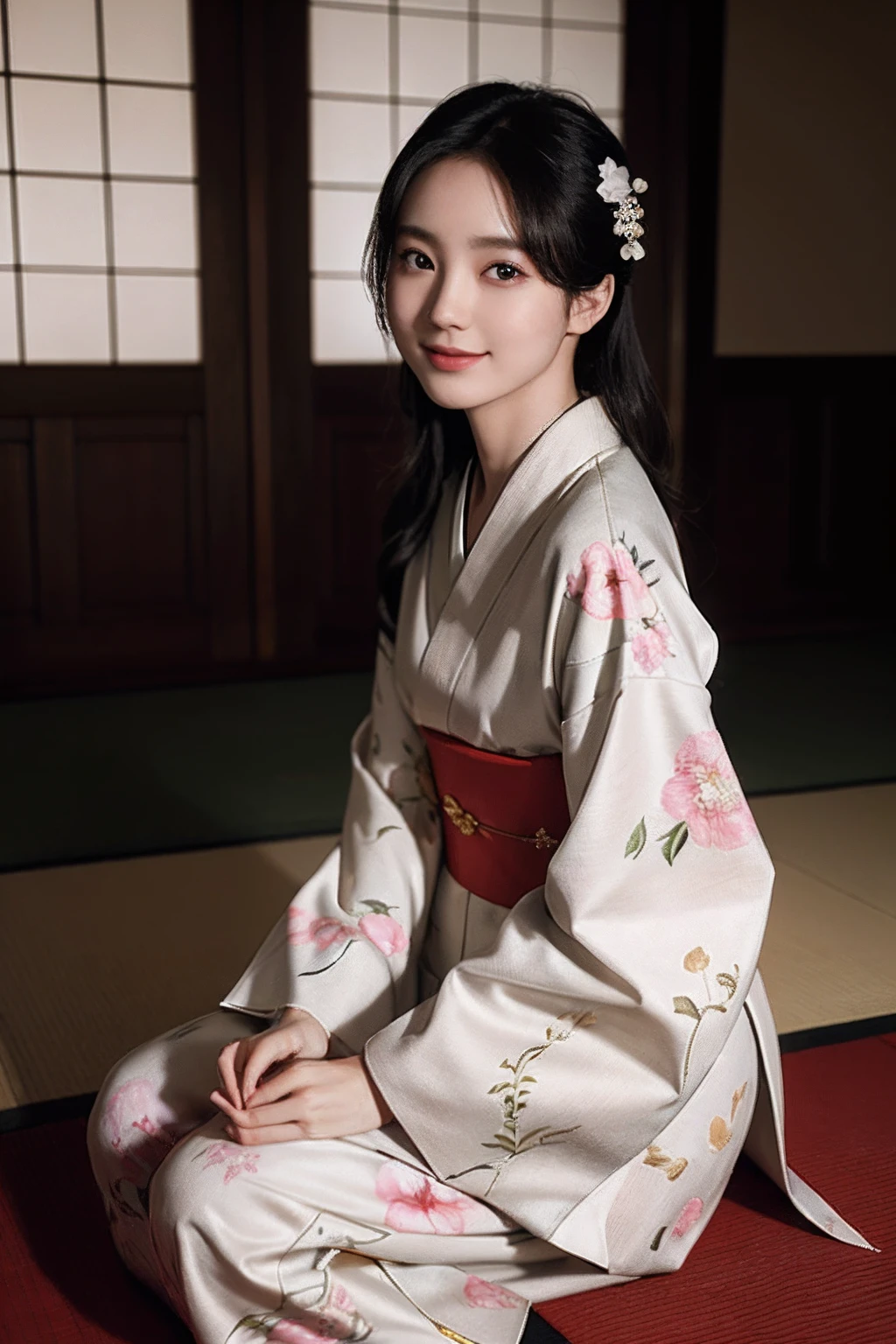 (Photorealsitic:1.4), (Top image quality:1.0), (超A high resolution:1.0), 8K, Raw photography, (​masterpiece:0.2), (pureerosface_v1:0.5)、(Best Quality Detail:1.2)、realisitic、8K UHD、hight resolution、(1girl in:1.2)、The ultra-detailliert、High quality textures、intricate detailes、detaileds、Very detailed CG、High quality shadows、Detail Beautiful delicate face、Detail Beautiful delicate eyes、depth of fields、Ray traching,1girl in, japanaese girl, Cute, slender, Black kimono, Kimono with Japanese pattern,Floral scrunchie, Beautiful skin, Facing the front,Sit down, Sit upright and say thank you,Align your hands elegantly,Smile faintly The Land of Japan,Japanese garden,Luxury Japanese-style room, skyporn, Magic Hour, (Realistic:1.3), Finely detailed, quality, (masutepiece:1.2), (Photorealistic:1.2), (Best Quality), (Intricate details), Dramatic, Ray tracing, photograph, +Lola