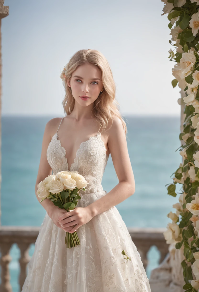 1 beautiful girl, (Realistic:1.3) full body, standing photo, stand in front sea in Maldives, white wedding dress, holding beautiful flowers, soft dress, blond hair, blue eyes, wavy hair, masterpiece, diffuse soft lighting, portrait, best quality (perfect face:1.4), ultra-realistic highly detailed intricate realistic simulation style photo sharply focused on eyes, cinematic lighting, studio shot, elegant pose
