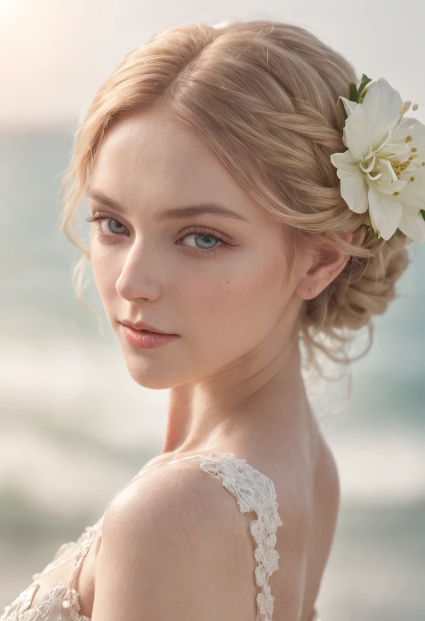 fashion editorial vogue photography, Photo taken with Canon EOS R5, POV, photography, portrait, from below.elegant girl photomodel, mixed feelings of intense joy and confidence, on the Saline de Monaci Nature Reserve with the sea with sun in the sky . wedding dress,worn haute couture lace dress. Beaked lips, small Italian nose, heart-shaped oval face, thin almond-shaped eyes, makeup, clouded skin, clear hearing, carbybody. cinematic, absolute realistic, Unreal Engine, 4k